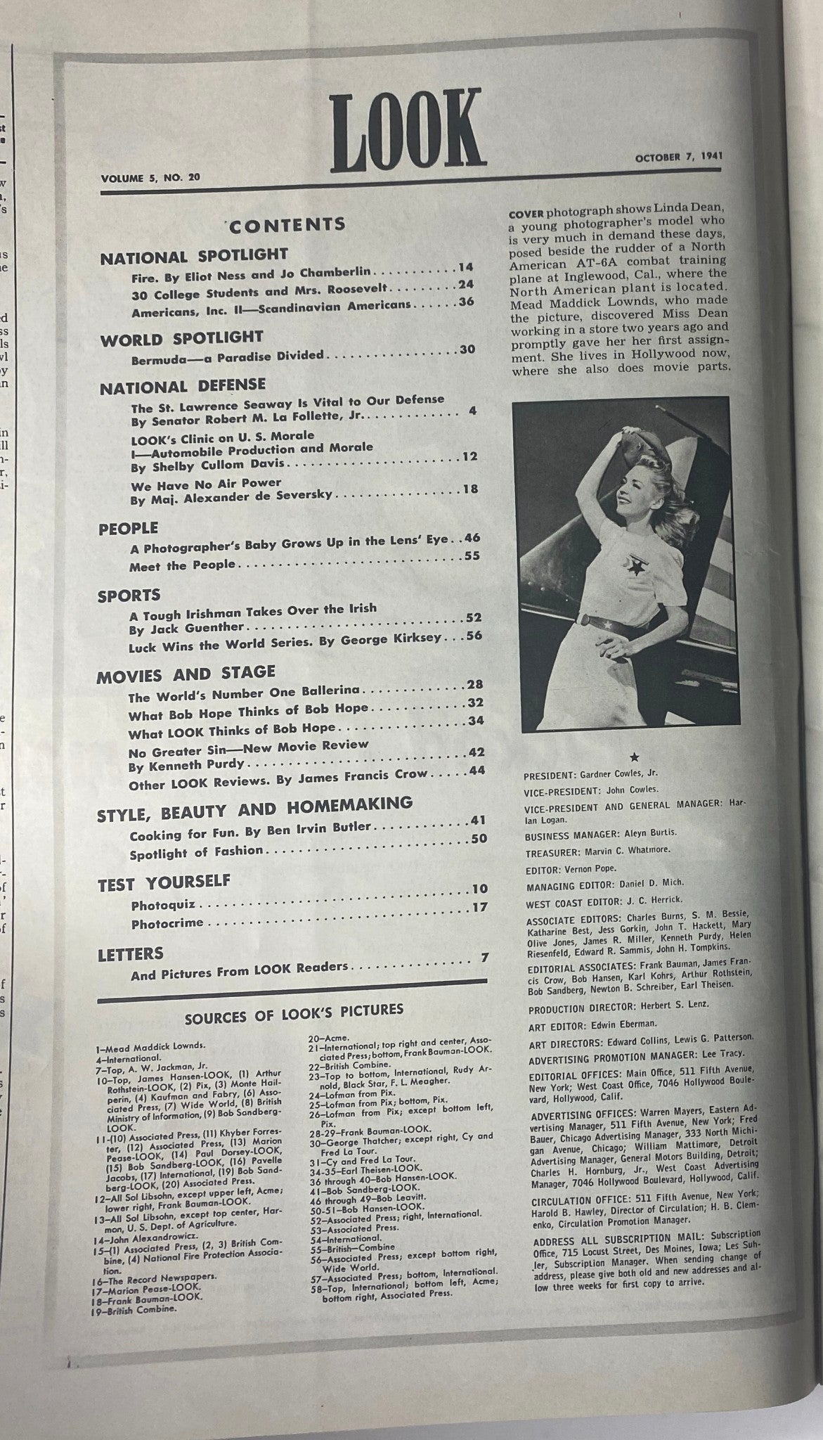 Contents page of Look Magazine, October 7, 1941, featuring articles such as 'National Spotlight' and 'Movies and Stage.' Highlights the edition, Volume 5, Number 20.