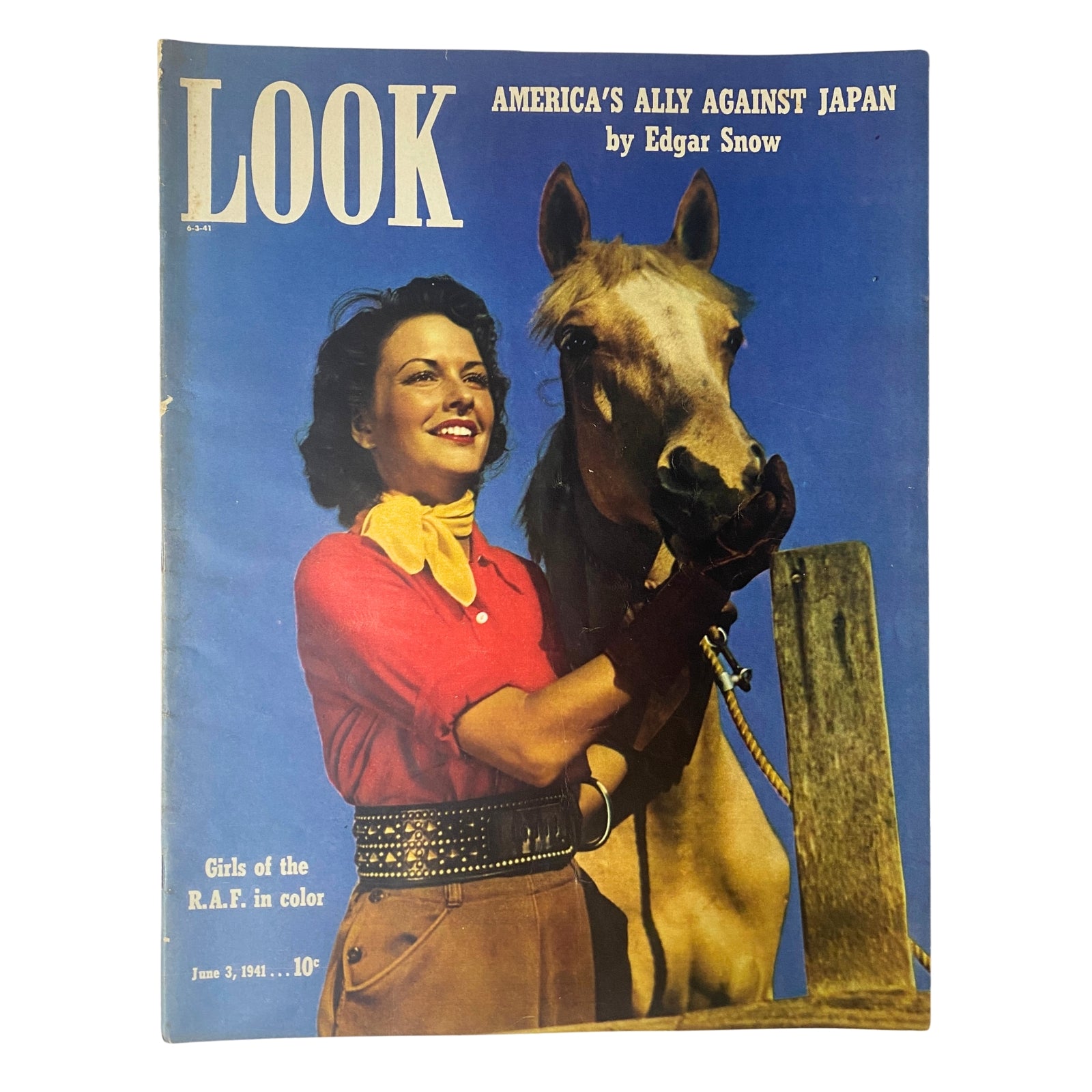 Look Magazine cover from June 3, 1941 featuring Jeanne Rankin with a palomino horse, showcasing American leisure amidst global tensions. This issue includes articles like 'America's Ally Against Japan' by Edgar Snow.