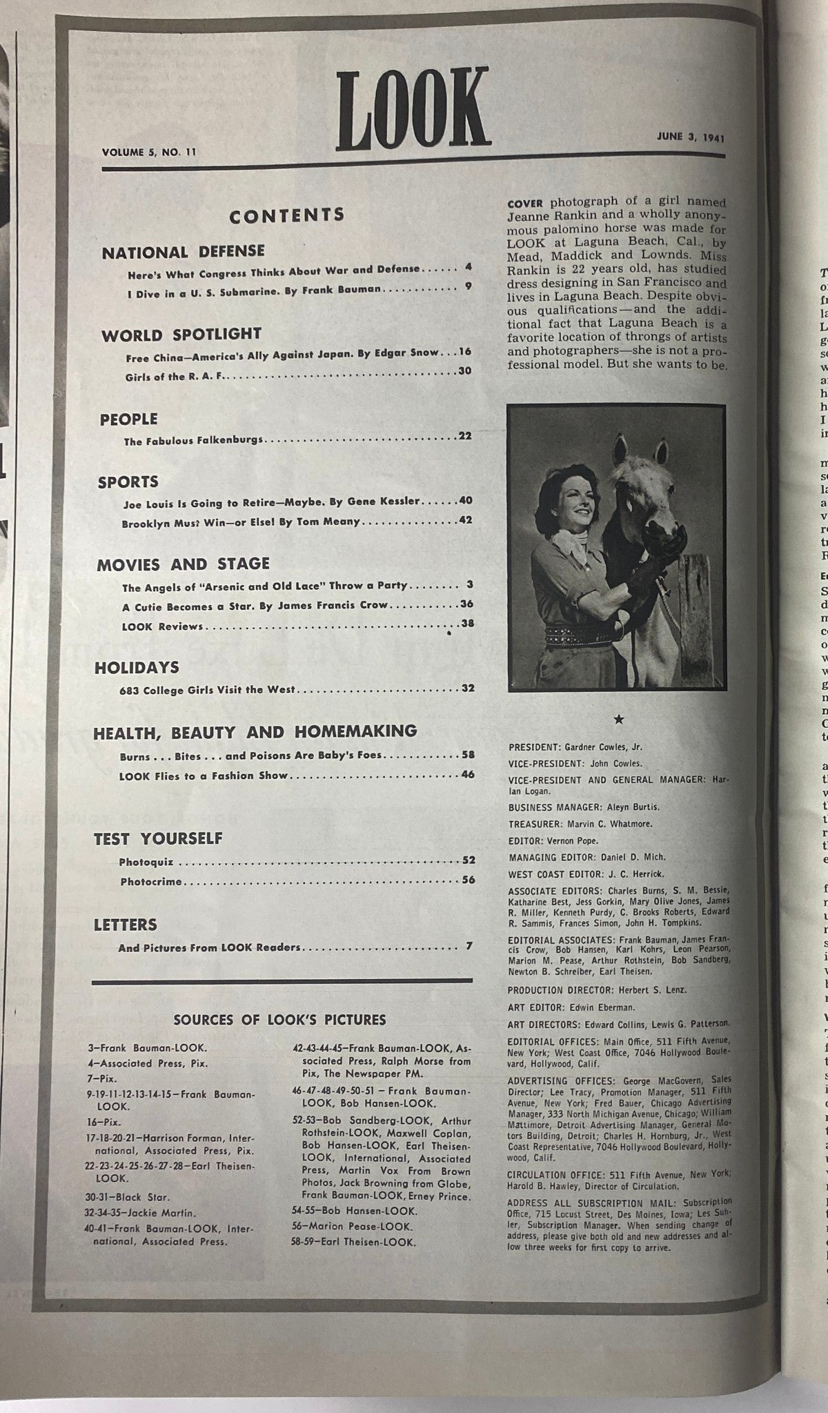 Table of contents from Look Magazine June 3, 1941, featuring sections on National Defense, Sports, Movies, and Health, with a focus on American leisure and wartime topics.