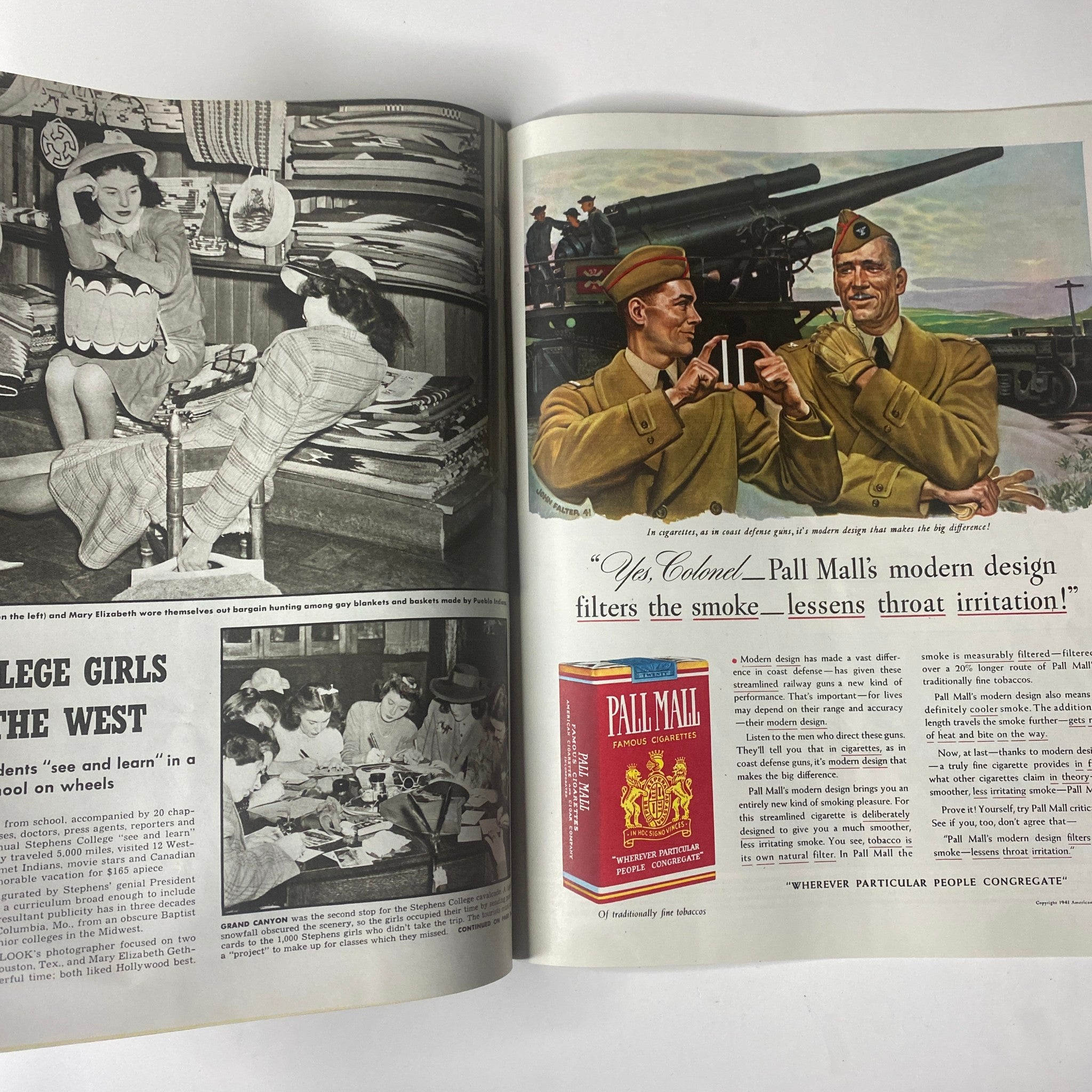 A two-page spread from Look Magazine June 3, 1941, showcasing wartime advertising with soldiers discussing Pall Mall cigarettes and students learning about military preparations.