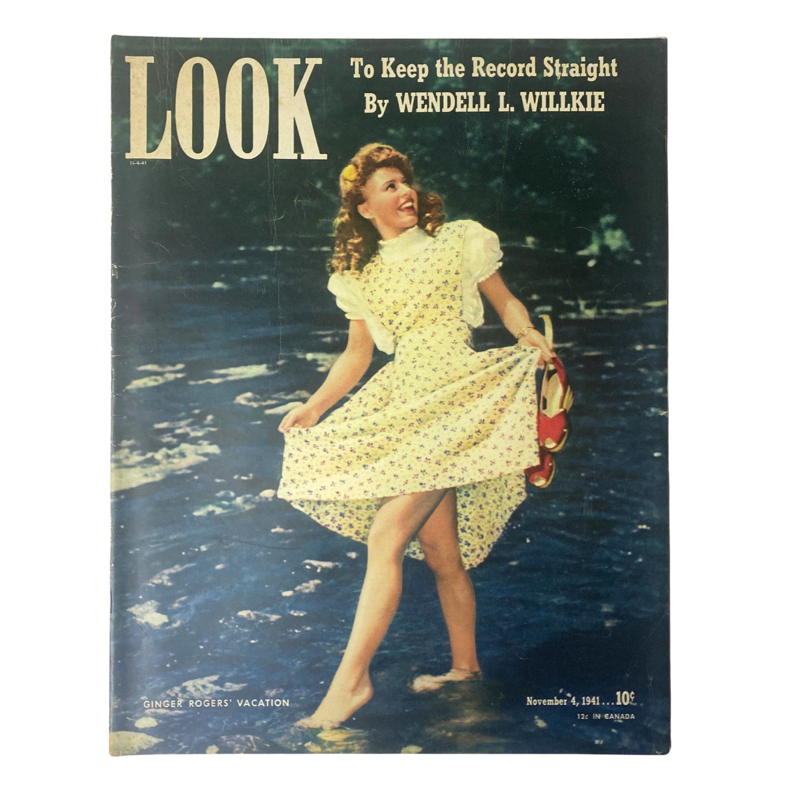 Look Magazine cover from November 4, 1941 featuring Ginger Rogers in a floral dress by the water, highlighting her vacation at Del Monte, California. This vintage edition includes an article by Wendell L. Willkie, adding to its historical significance.