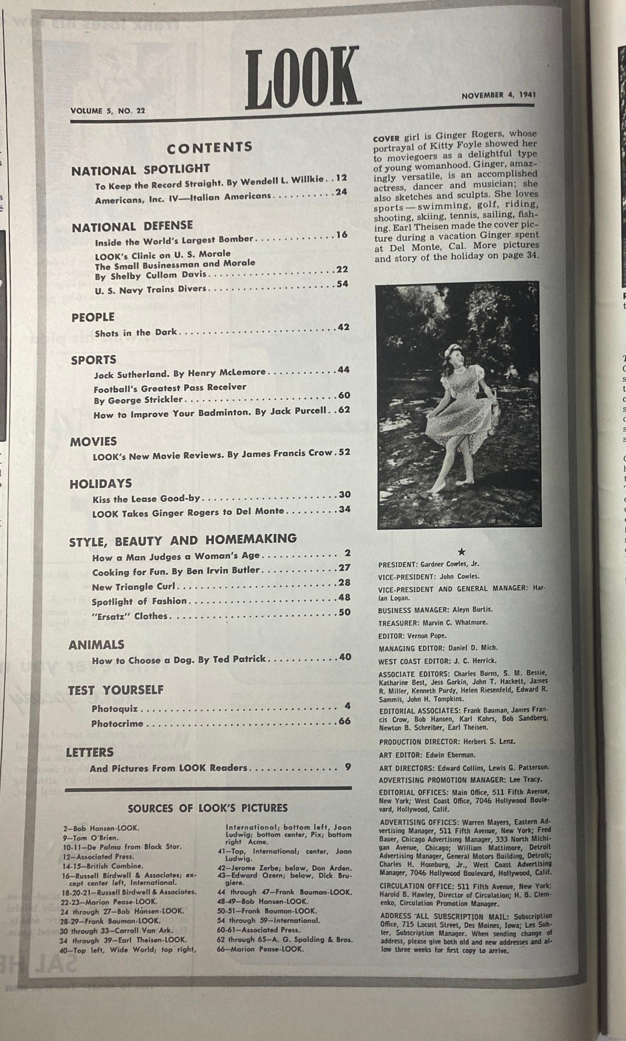 Inside page of Look Magazine, November 4, 1941, displaying the table of contents. This page includes articles covering various topics, showcasing the publication's range and emphasis on national defense and cultural insights.