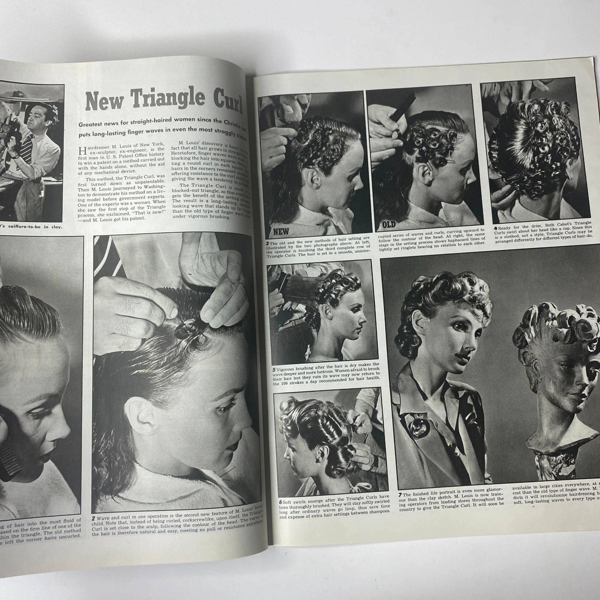 New Triangle Curl hair tutorial from Look Magazine November 4, 1941 Ginger Rogers Cover, showcasing step-by-step instructions for achieving vintage hairstyles.