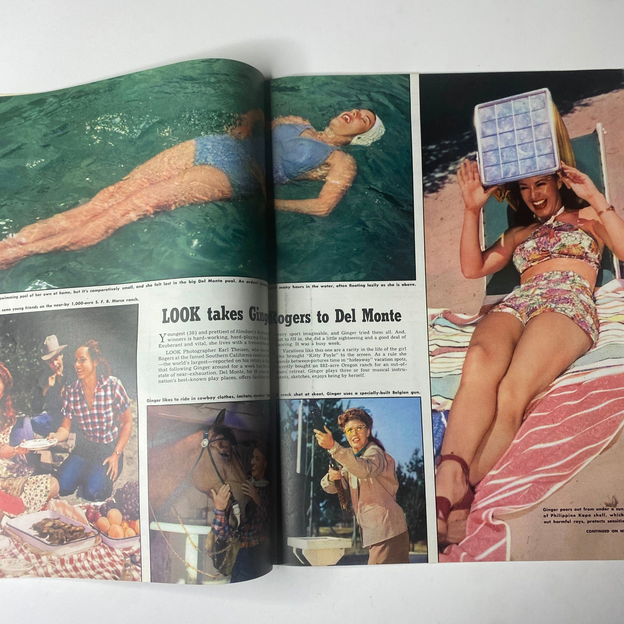 Ginger Rogers enjoying her vacation in Del Monte, California, featured in Look Magazine November 4, 1941, with images capturing her relaxing in a swimsuit.