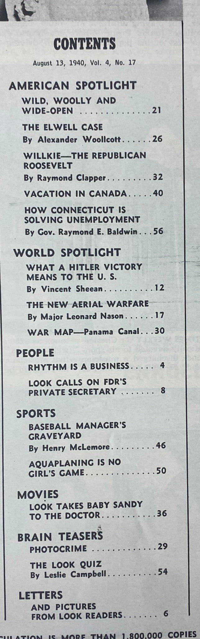 Contents page of Look Magazine, August 13, 1940, Volume 4, Number 17, listing various articles including 'LOOK Calls on FDR’s Private Secretary' and 'World Spotlight' features.