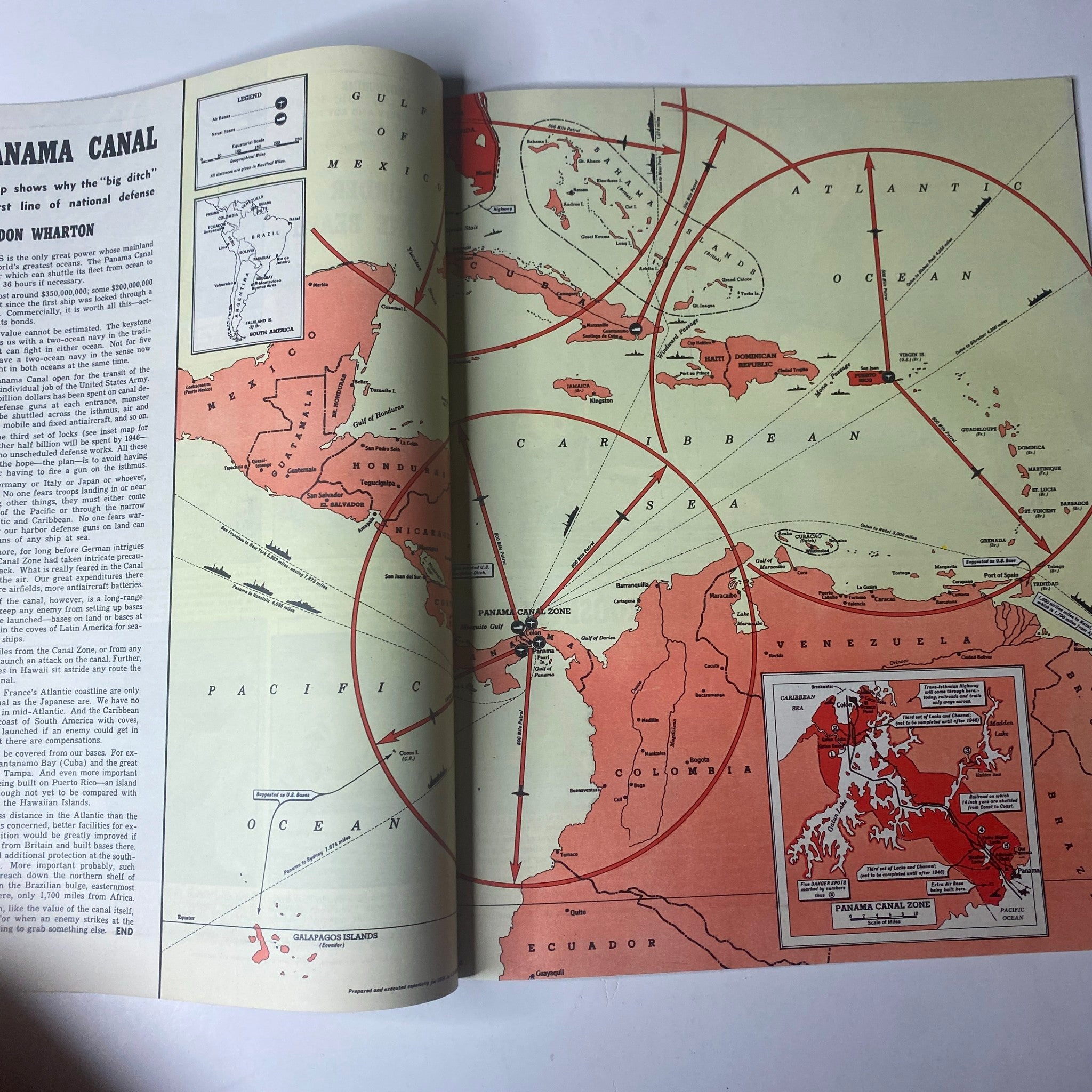 Map of the Panama Canal featured in Look Magazine August 13, 1940, showing strategic locations and geographic details, reflecting wartime concerns.