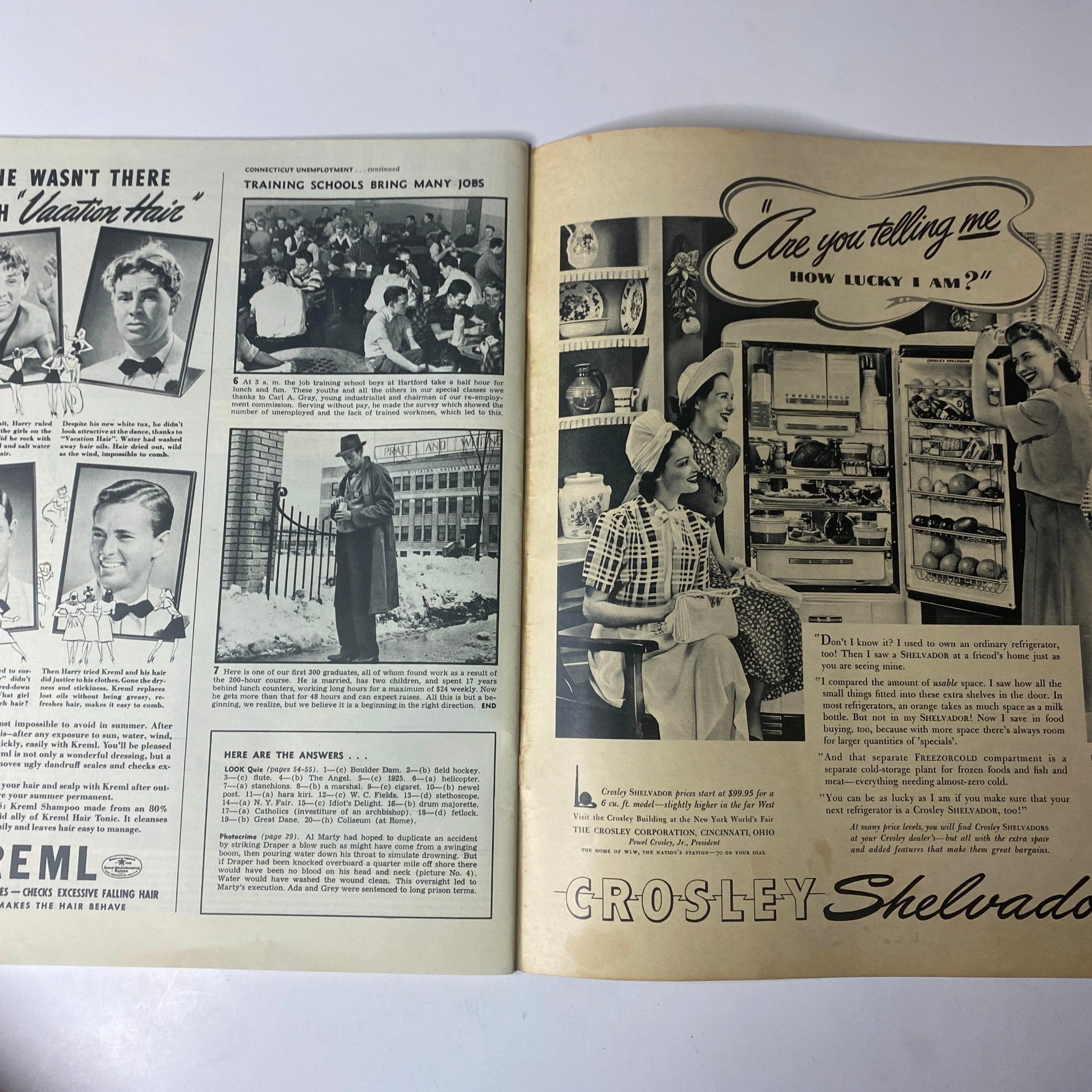 Advertisement page from Look Magazine August 13, 1940, depicting a hair care product and lifestyle imagery, showcasing mid-20th century advertising aesthetics.