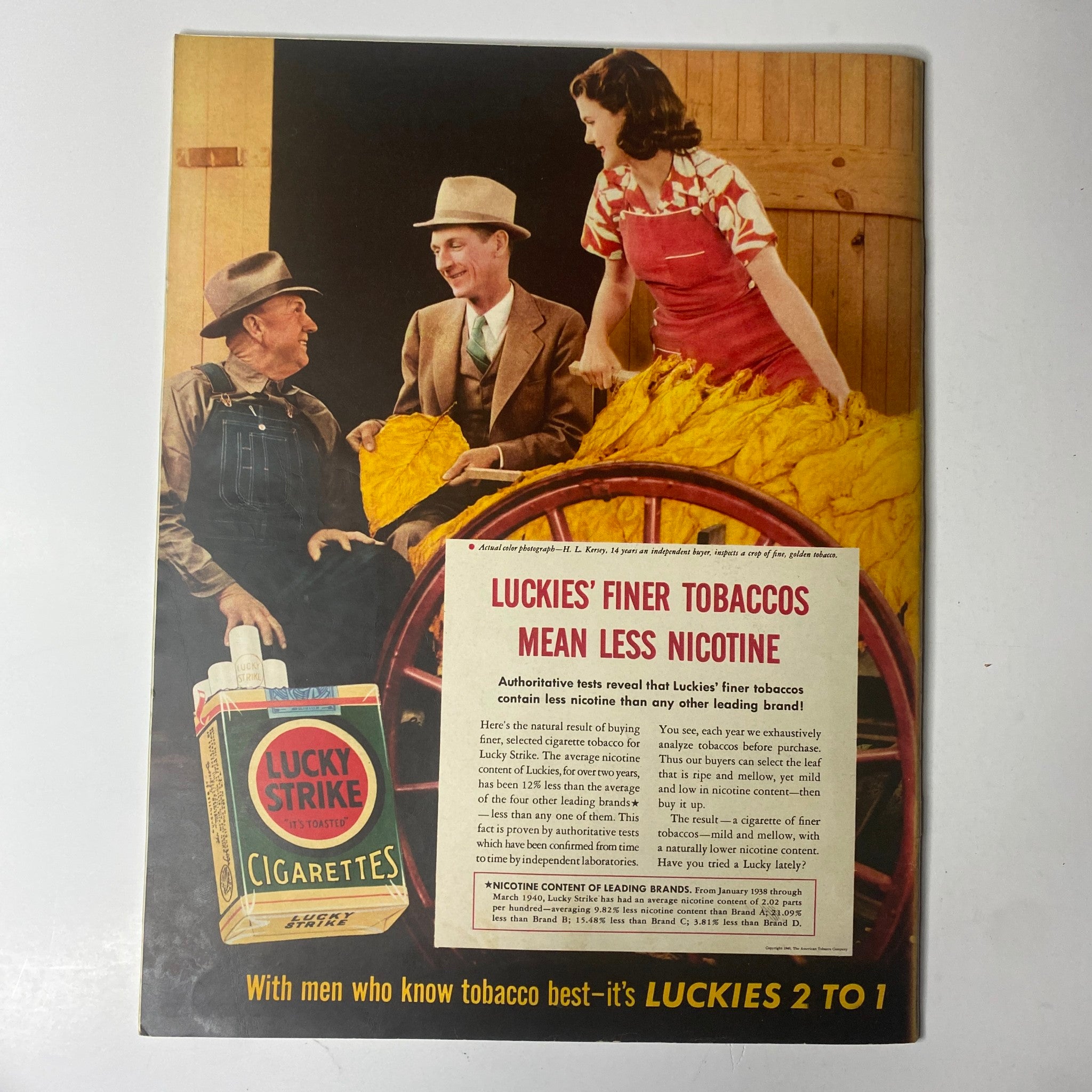 Vintage advertisement for Lucky Strike cigarettes in Look Magazine August 13, 1940, featuring a colorful image of actors promoting tobacco use.