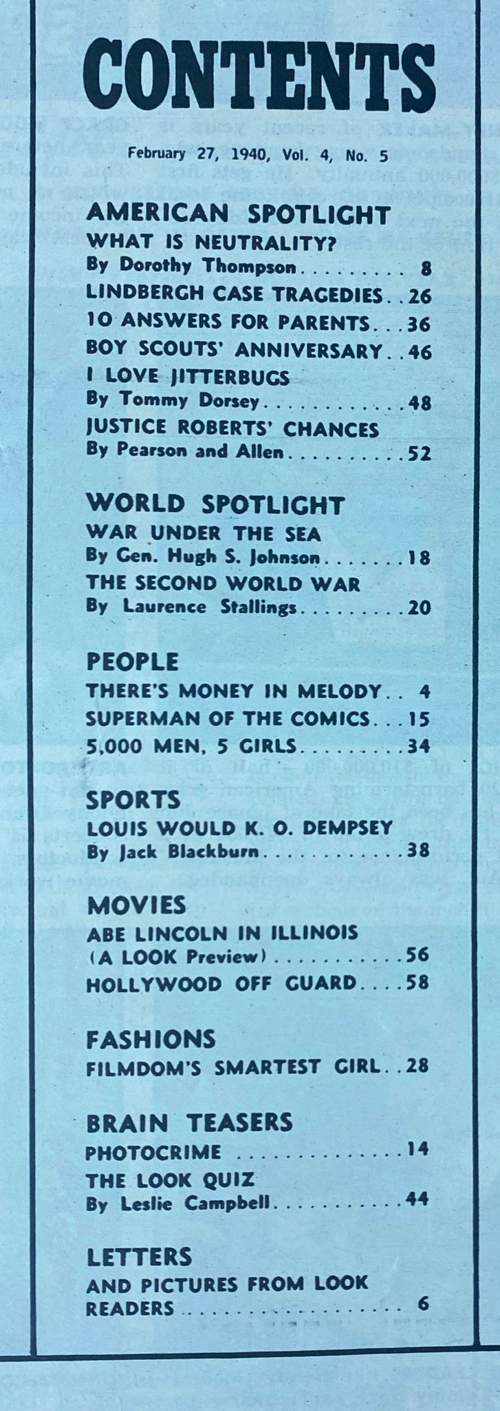 Table of contents for Look Magazine, February 27, 1940, detailing articles including 'What Is Neutrality?' and other features from Volume 4, Number 5.