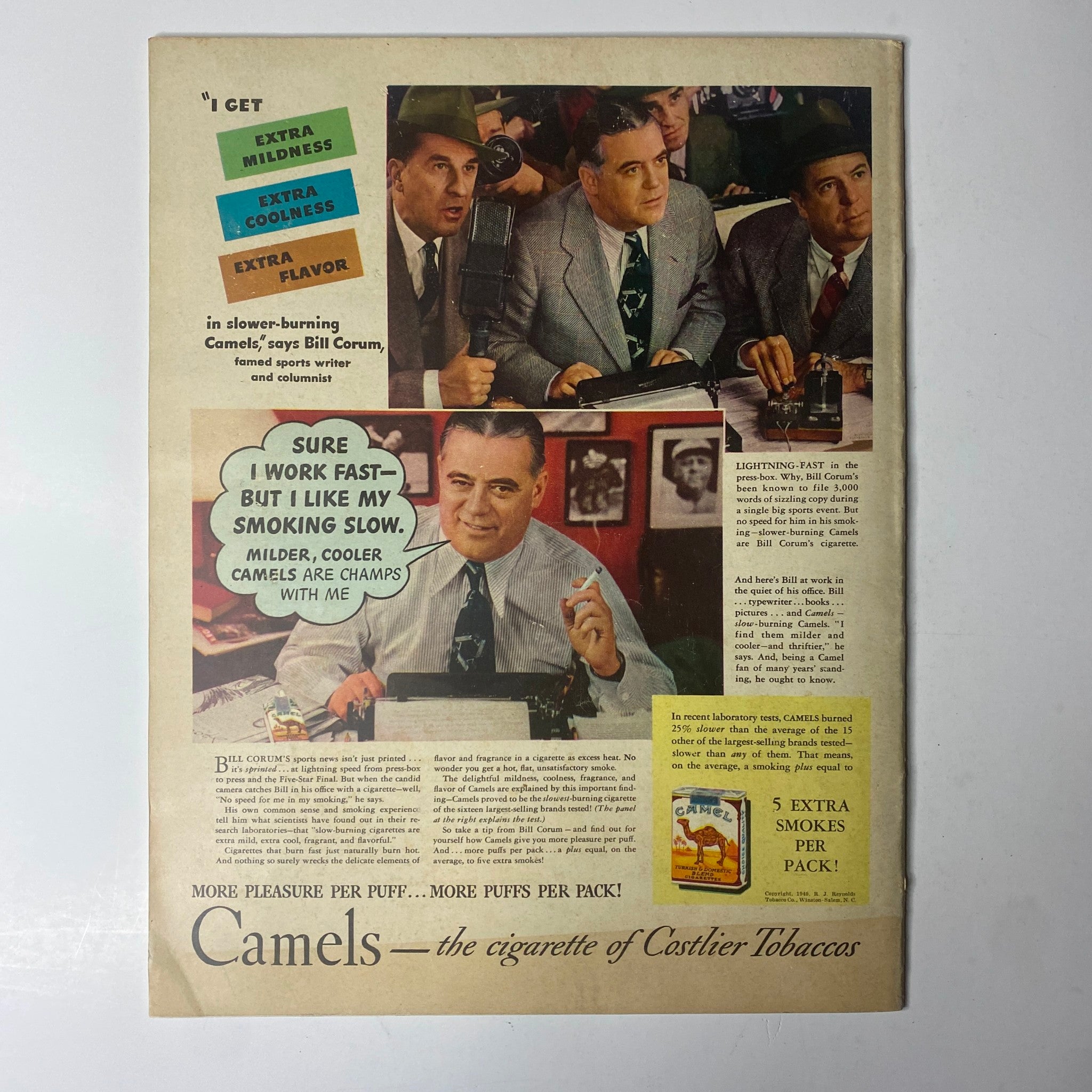 Look Magazine February 27, 1940 issue advertisement for Camels cigarettes, featuring a dapper man in a suit discussing the qualities of the cigarettes, highlighting mid-20th century marketing.