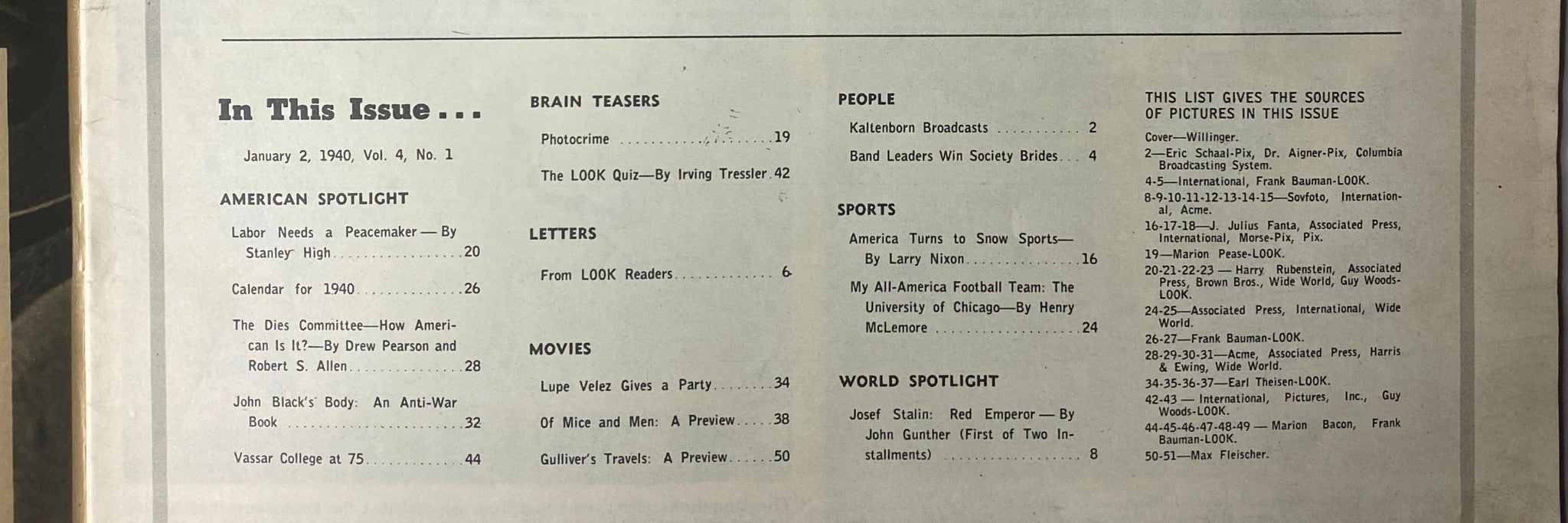 Inside page of Look Magazine, January 2, 1940, listing featured articles such as 'Labor Needs a Peacemaker' and the '1940 Calendar.' A snapshot of the magazine's content structure.