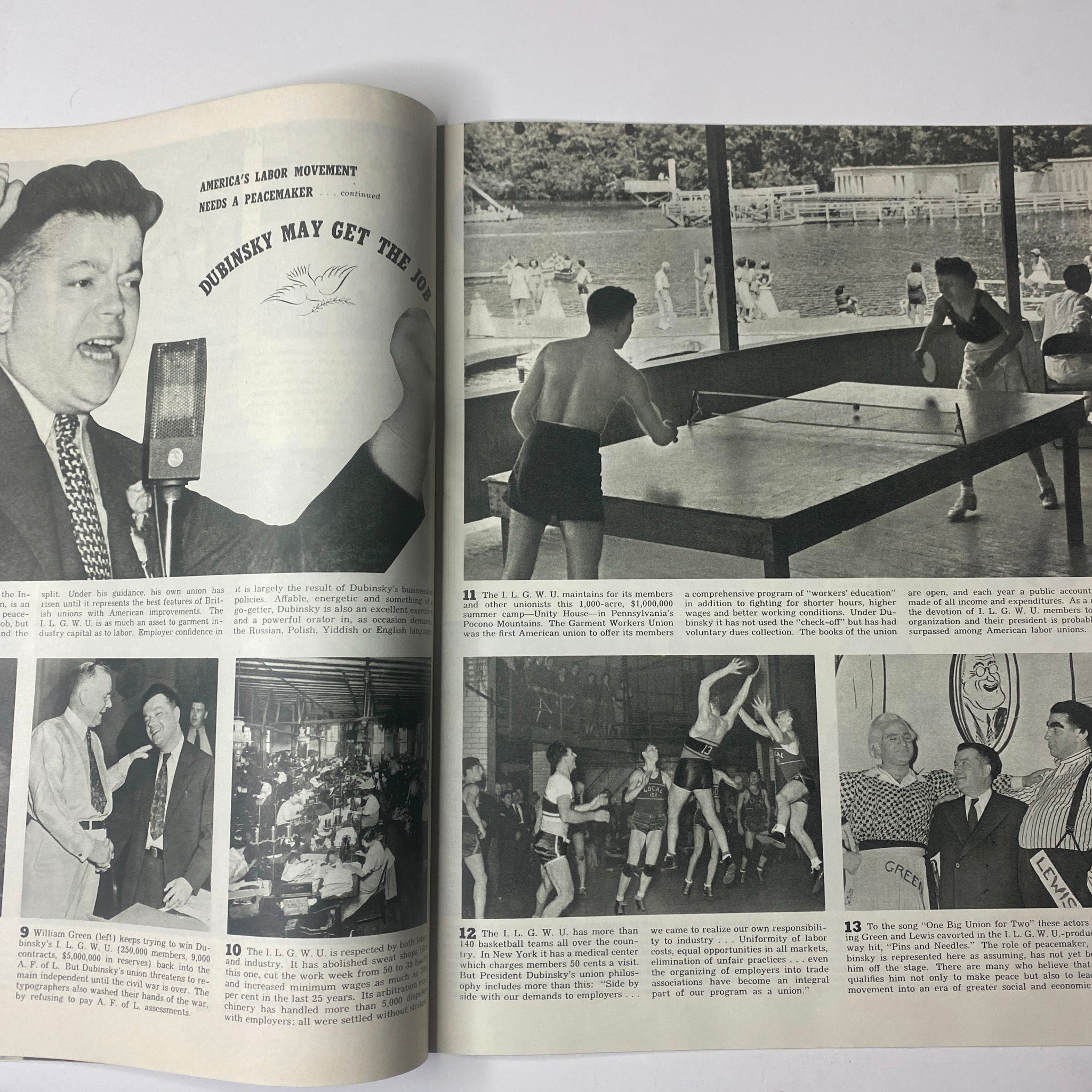 An interior spread from Look Magazine, January 2, 1940, illustrating American's labor movement and social events, complete with photographic highlights of gatherings and activities.