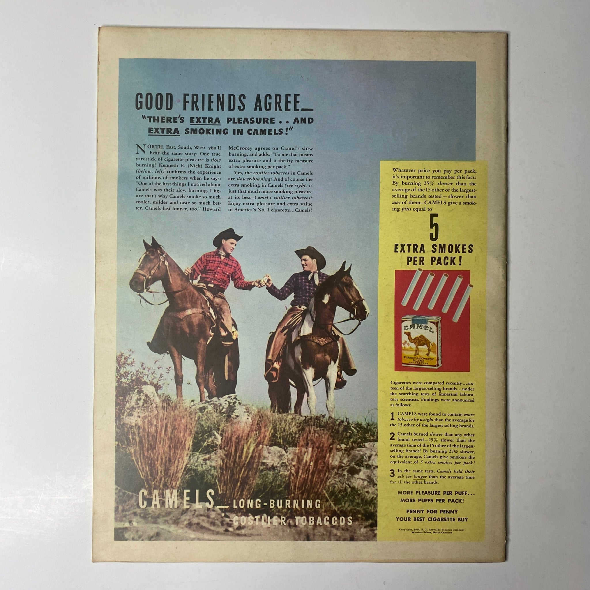 Vintage advertisement for Camel cigarettes featuring two cowboys on horseback in a picturesque setting, accompanied by the text 'Good Friends Agree...' from the Look Magazine January 2, 1940 issue with the title 'Look Magazine January 2, 1940 Judy Garland Cover No Label'.