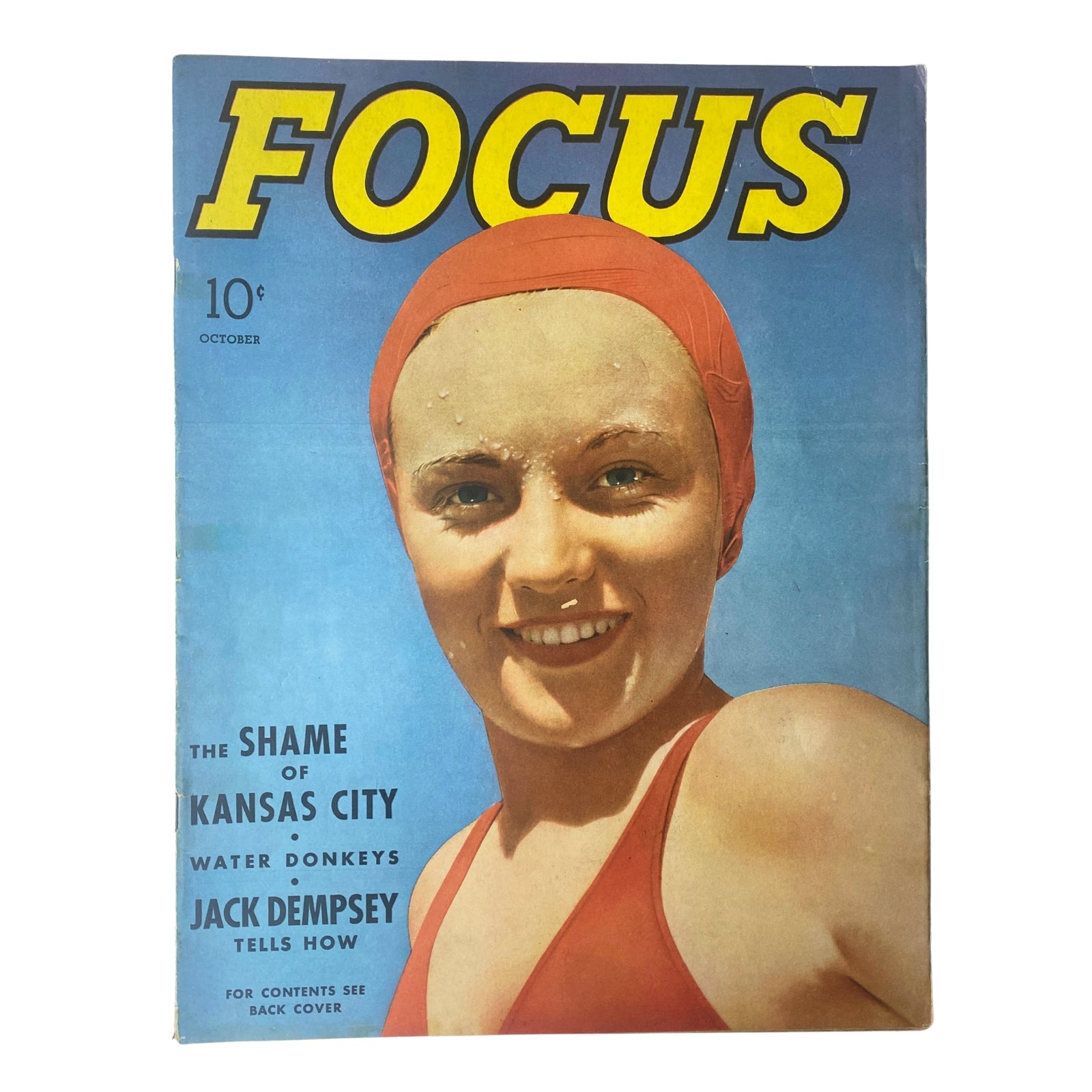 Focus Magazine October 1938, Volume 1, Number 5 cover showcasing the feature article 'The Shame of Kansas City,' alongside other topics like Water Donkeys and Jack Dempsey.