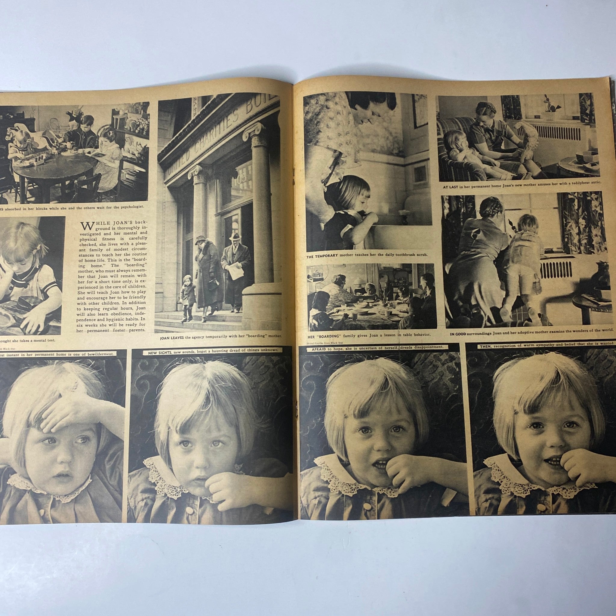 Interior pages of Focus Magazine October 1938, Volume 1, Number 5, featuring a black-and-white photo spread discussing children's experiences, highlighting the investigative tone of the magazine.