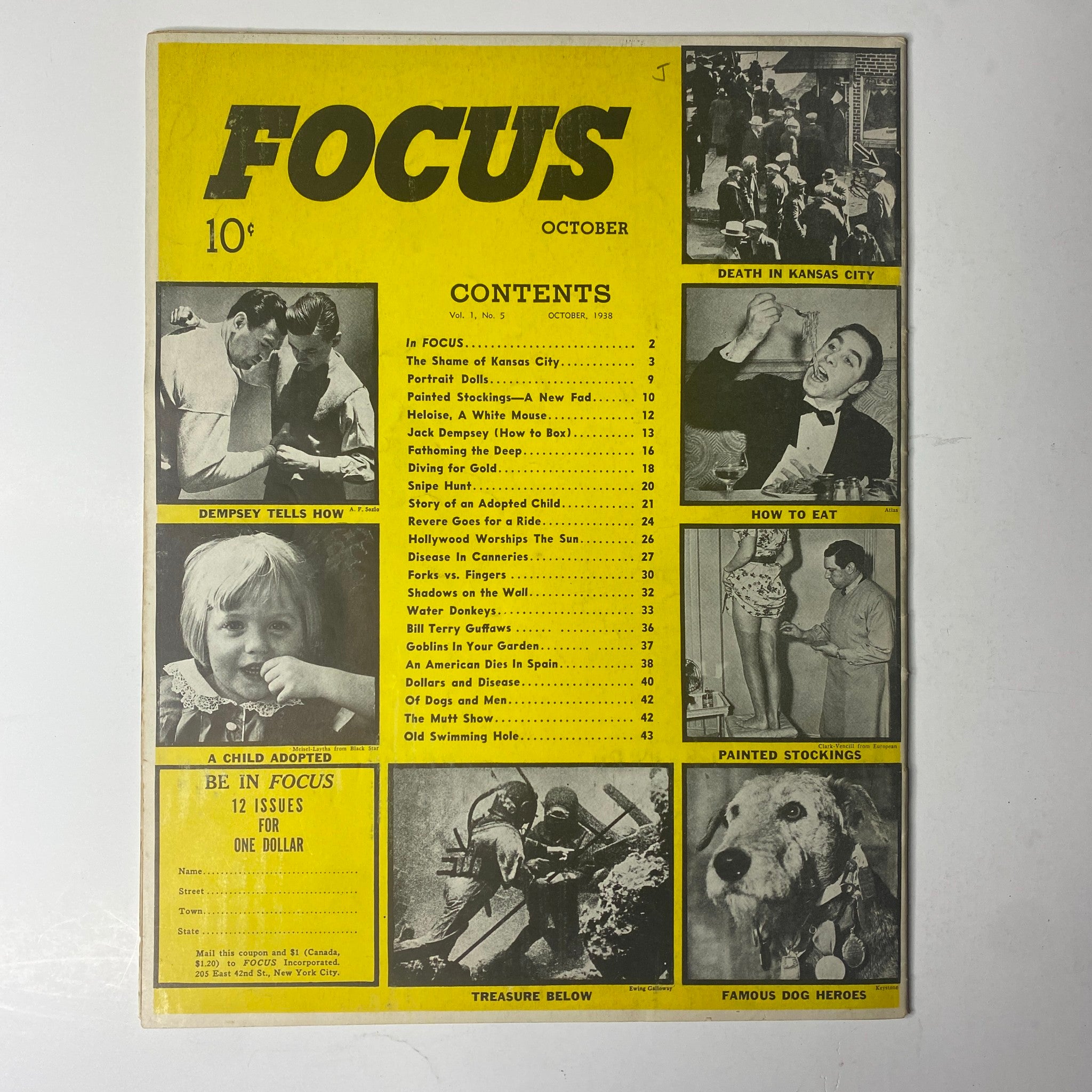Cover of Focus Magazine, October 1938, Volume 1, Number 5, showcasing the issue title 'The Shame of Kansas City' along with contents including articles on societal issues, boxing tips, and child adoption.