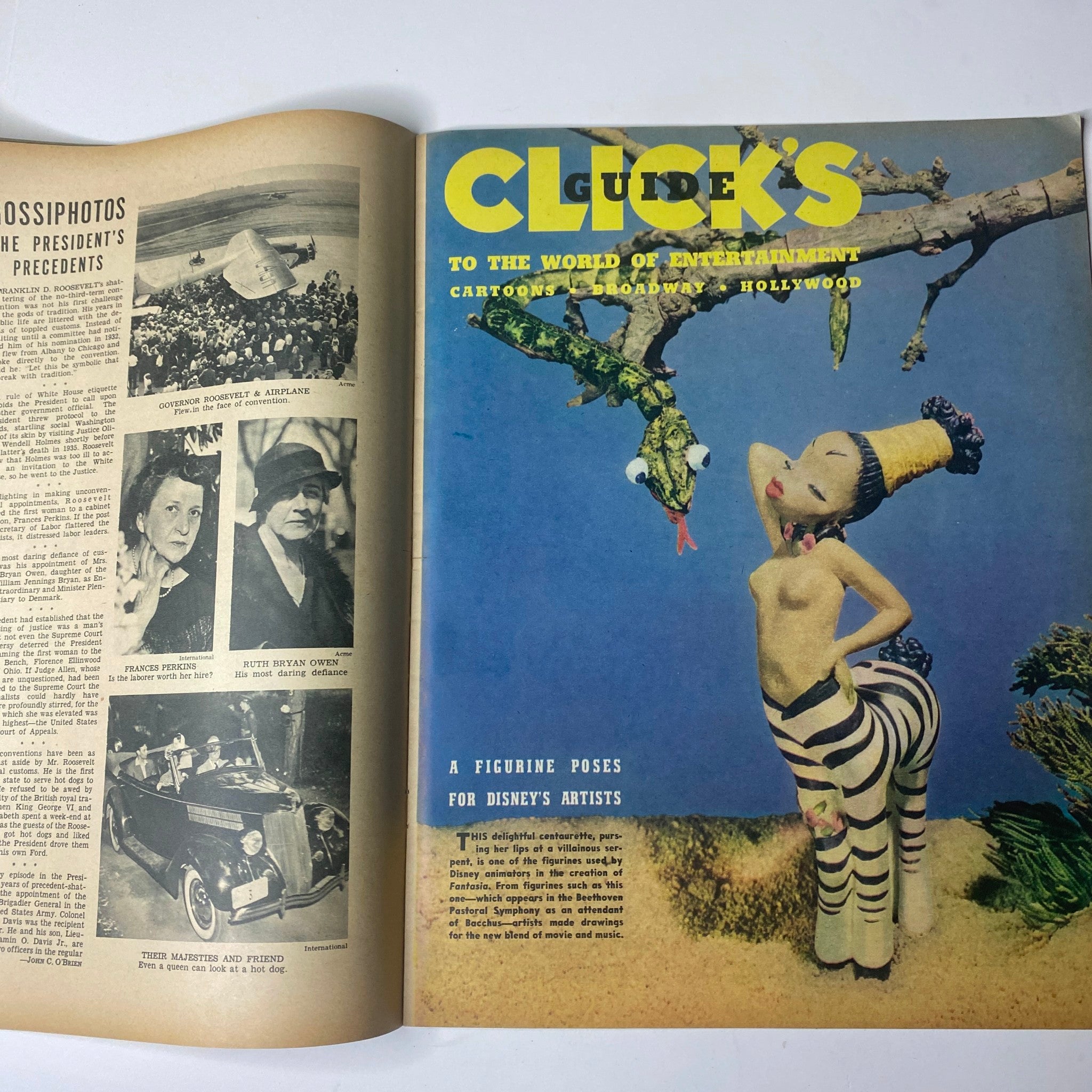 Interior page from Click Magazine January 1941 Vol 4 No. 1 displaying a cartoon and a figurine for Disney's artists. This showcases the blend of entertainment and culture from the period.