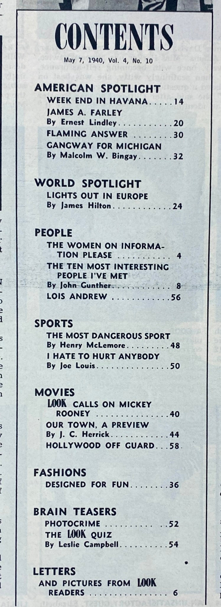 Contents page of Look Magazine dated May 7, 1940, featuring articles like 'Week End in Havana' and profiles including 'The Private Life of Mickey Rooney'.