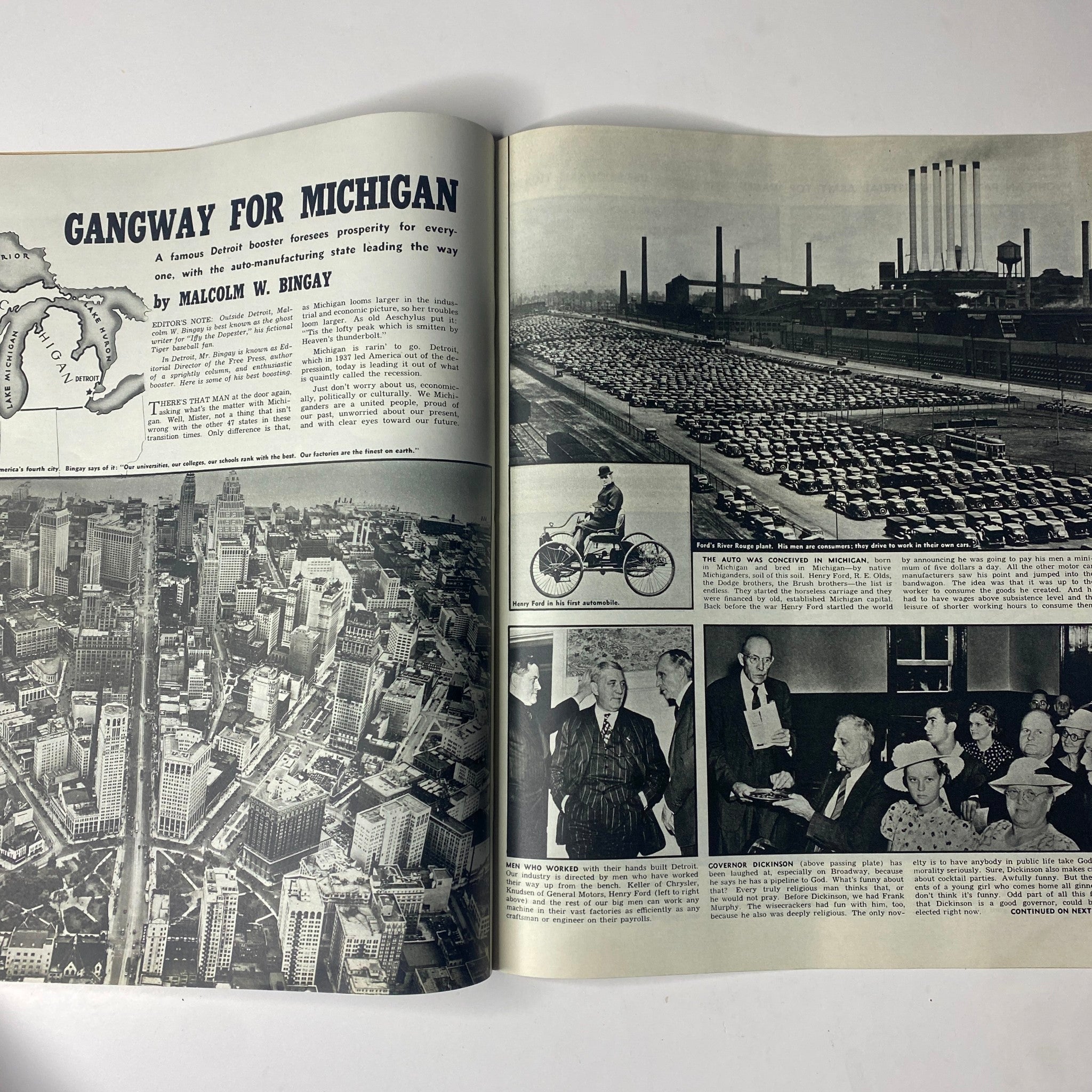 Feature titled 'Gangway for Michigan' from Look Magazine May 7, 1940, showcasing images of Detroit cityscape and practical industry.