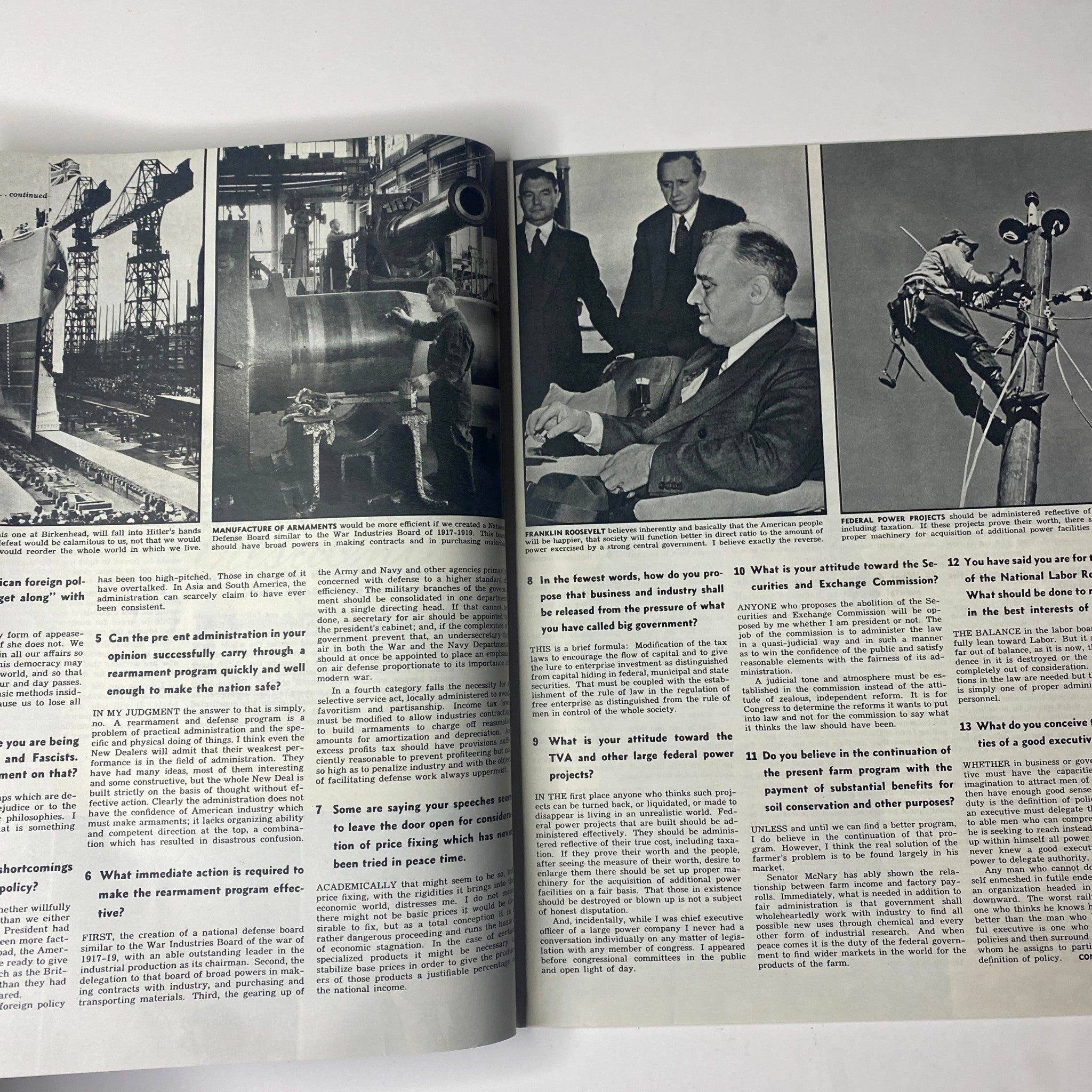 Interior pages of Look Magazine October 22, 1940, showcasing key topics discussed, including a Q&A with President Roosevelt and wartime production imagery.