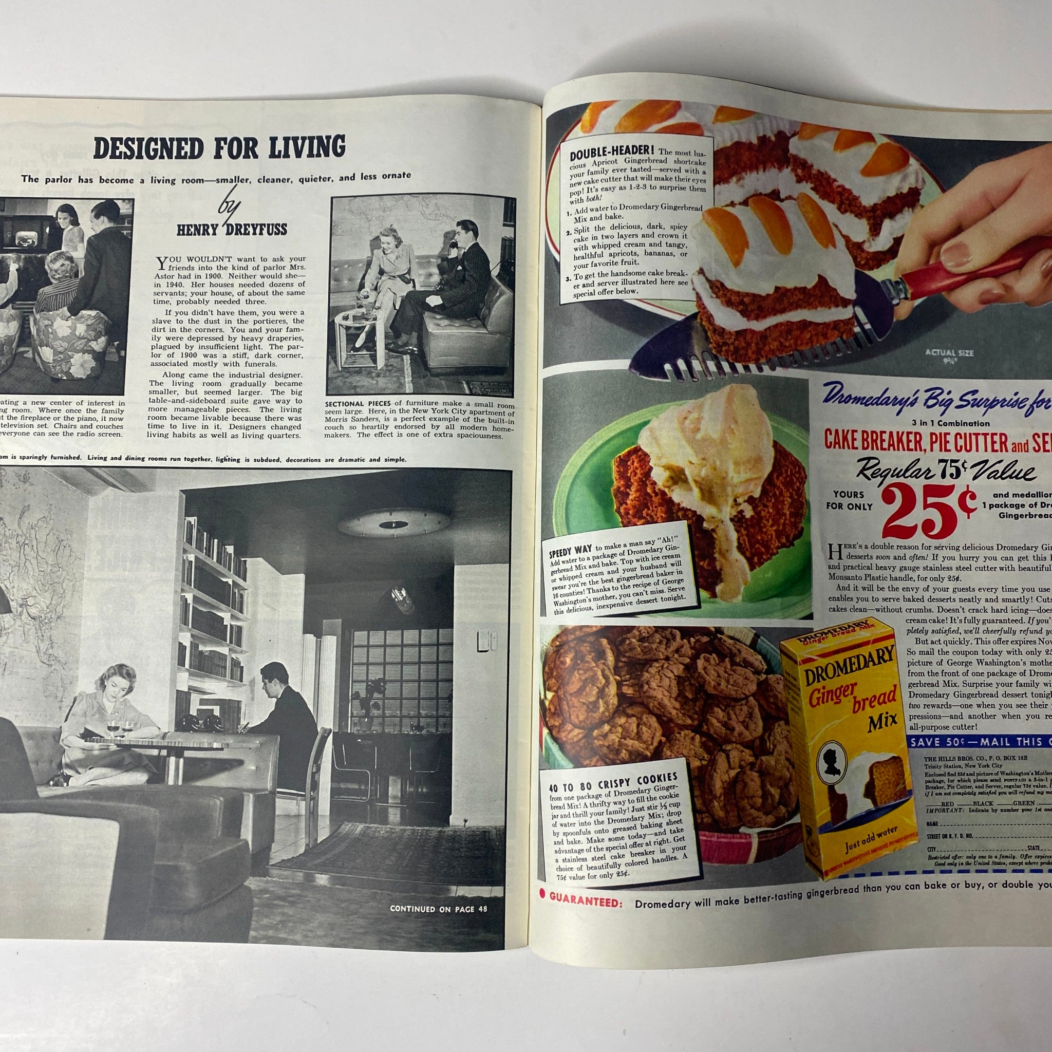 Look Magazine October 22, 1940 issue featuring a vintage advertisement titled 'Designed for Living' by Henry Dreyfuss, showcasing interior design and lifestyle, with items such as a double-header cake and other products.