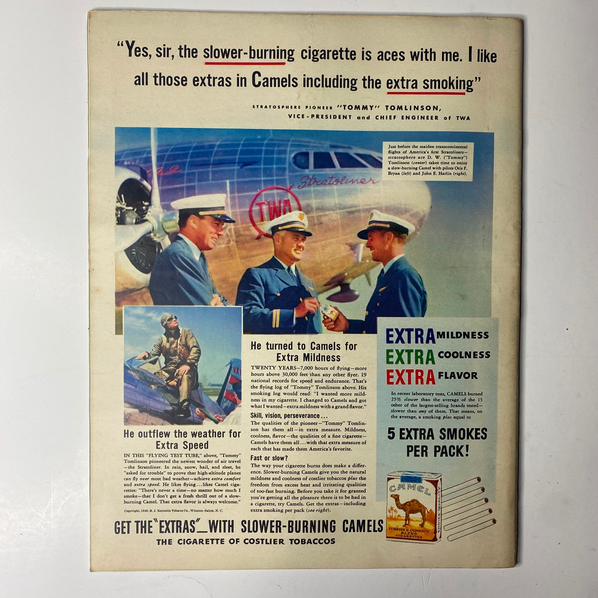 Back cover of Look Magazine October 22, 1940, featuring a promotional advertisement for Camels cigarettes, highlighting their mildness and extra smoking qualities with an image related to TWA airlines.
