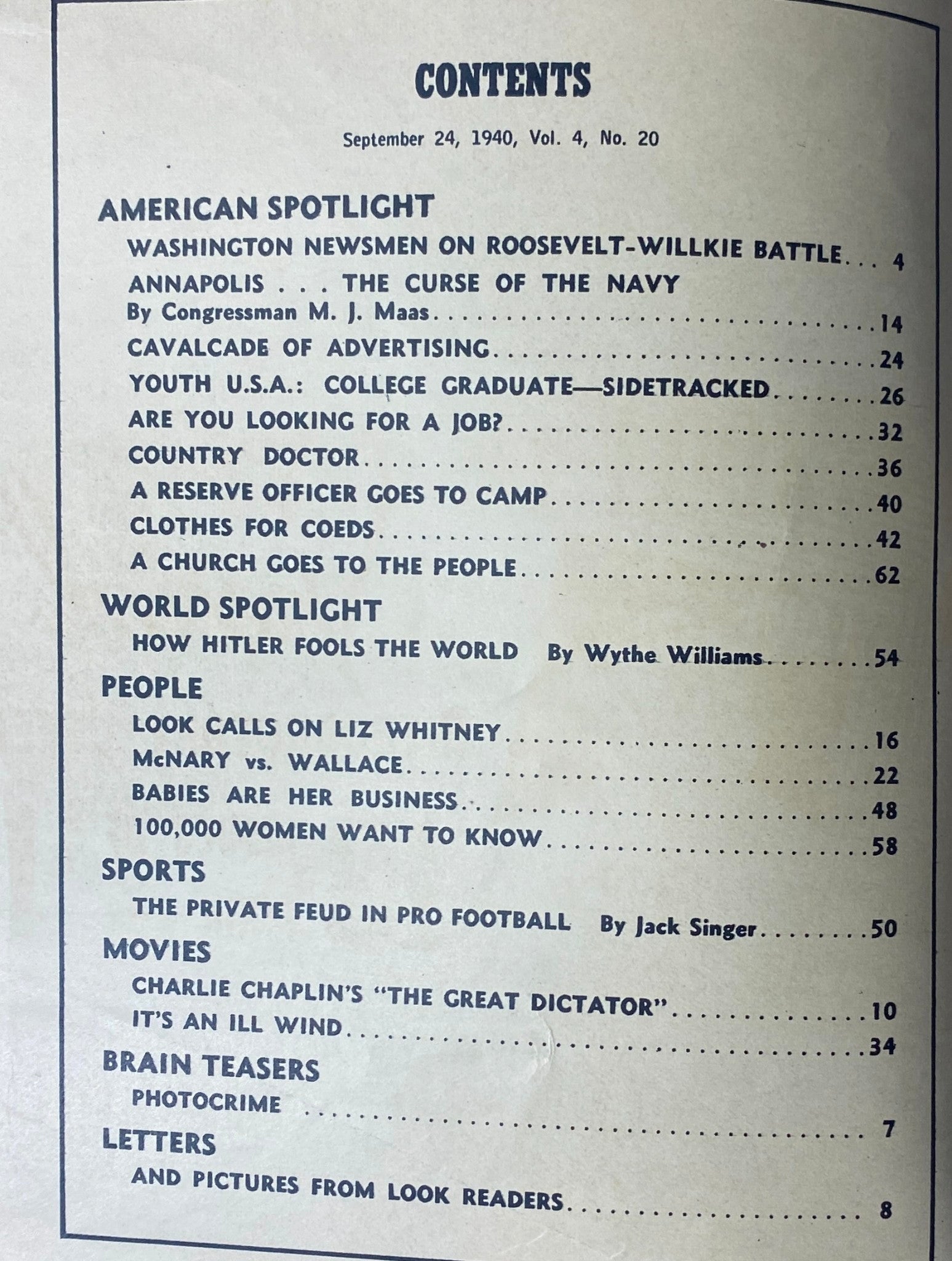 Table of contents for Look Magazine, September 24, 1940, Vol. 4, No. 20 listing articles on topics such as the Roosevelt–Willkie battle and insights into World War II.