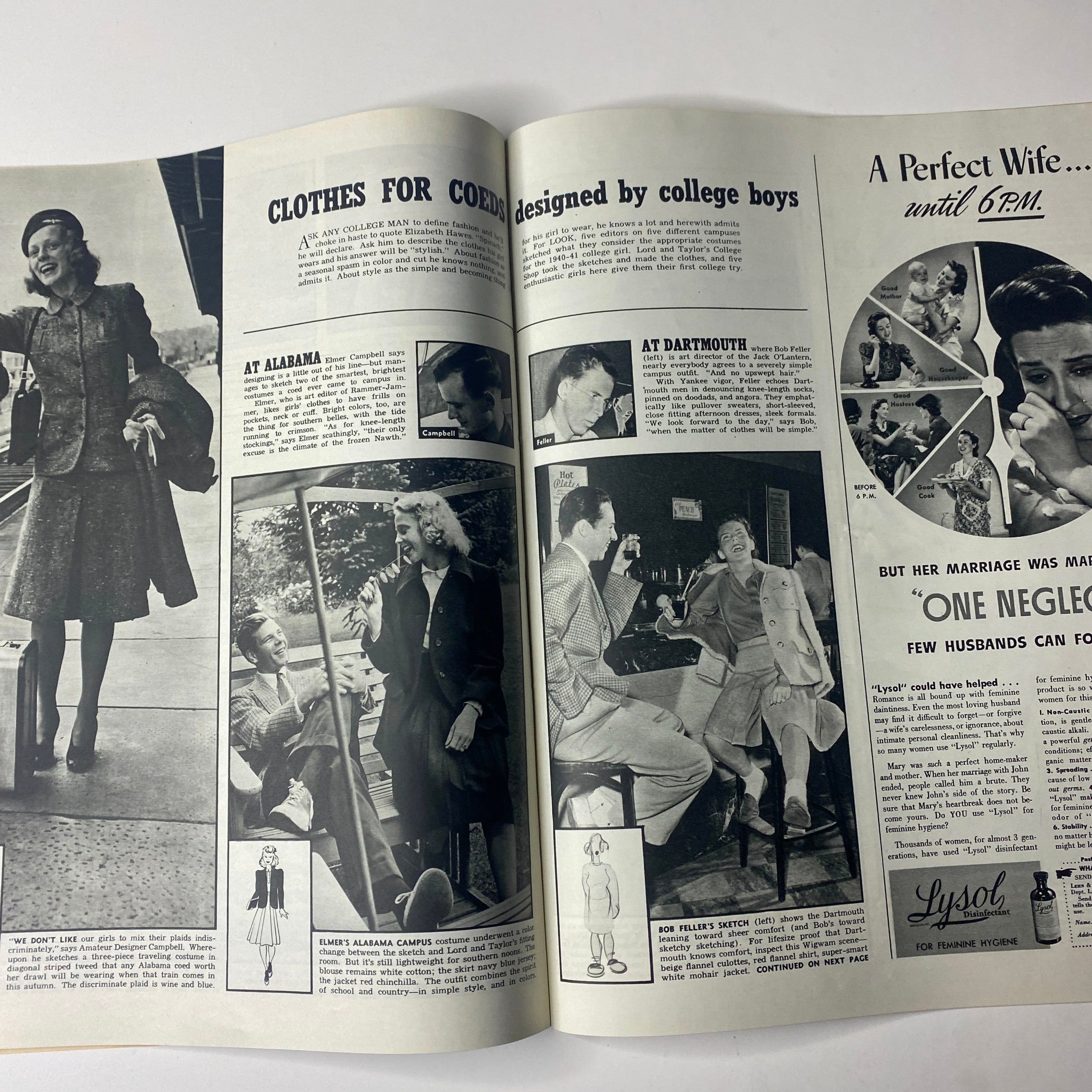 Vintage magazine advertisement featuring models in fashion attire titled 'Clothes for Coeds' from Look Magazine September 24, 1940 with Charlie Chaplin Cover. The ad showcases stylish designs targeted at college students.