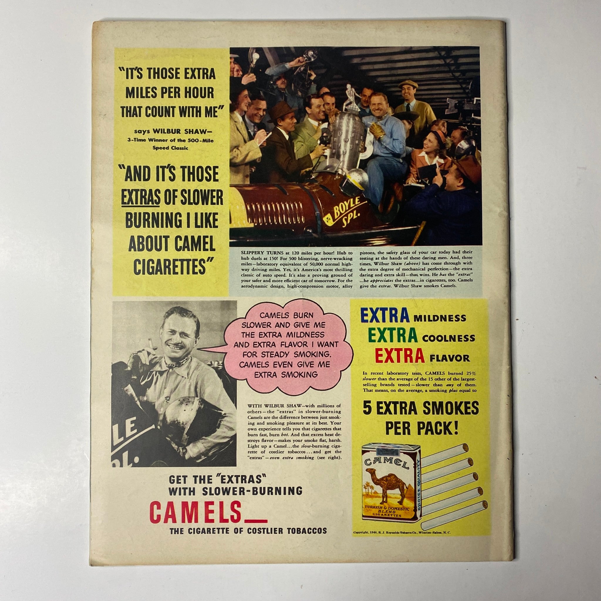Back cover of Look Magazine September 24, 1940 featuring an advertisement for Camel cigarettes, highlighting the slogan 'It's those extras that count with me'. This issue includes a Charlie Chaplin cover and various articles.