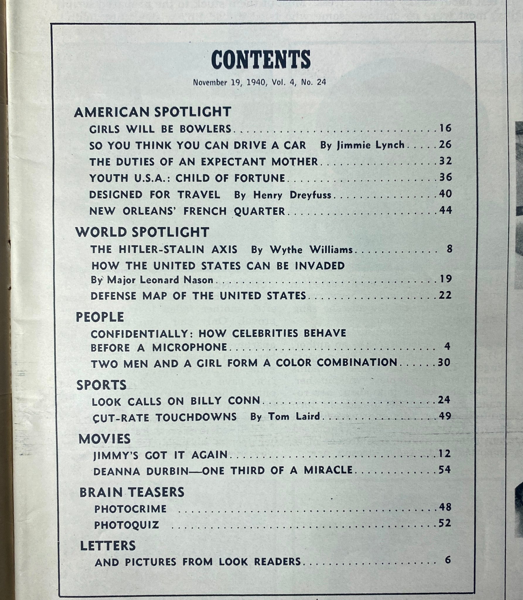 Table of contents for Look Magazine, dated November 19, 1940, Vol. 4, No. 24, listing features including articles on women in sports and a focus on Deanna Durbin.