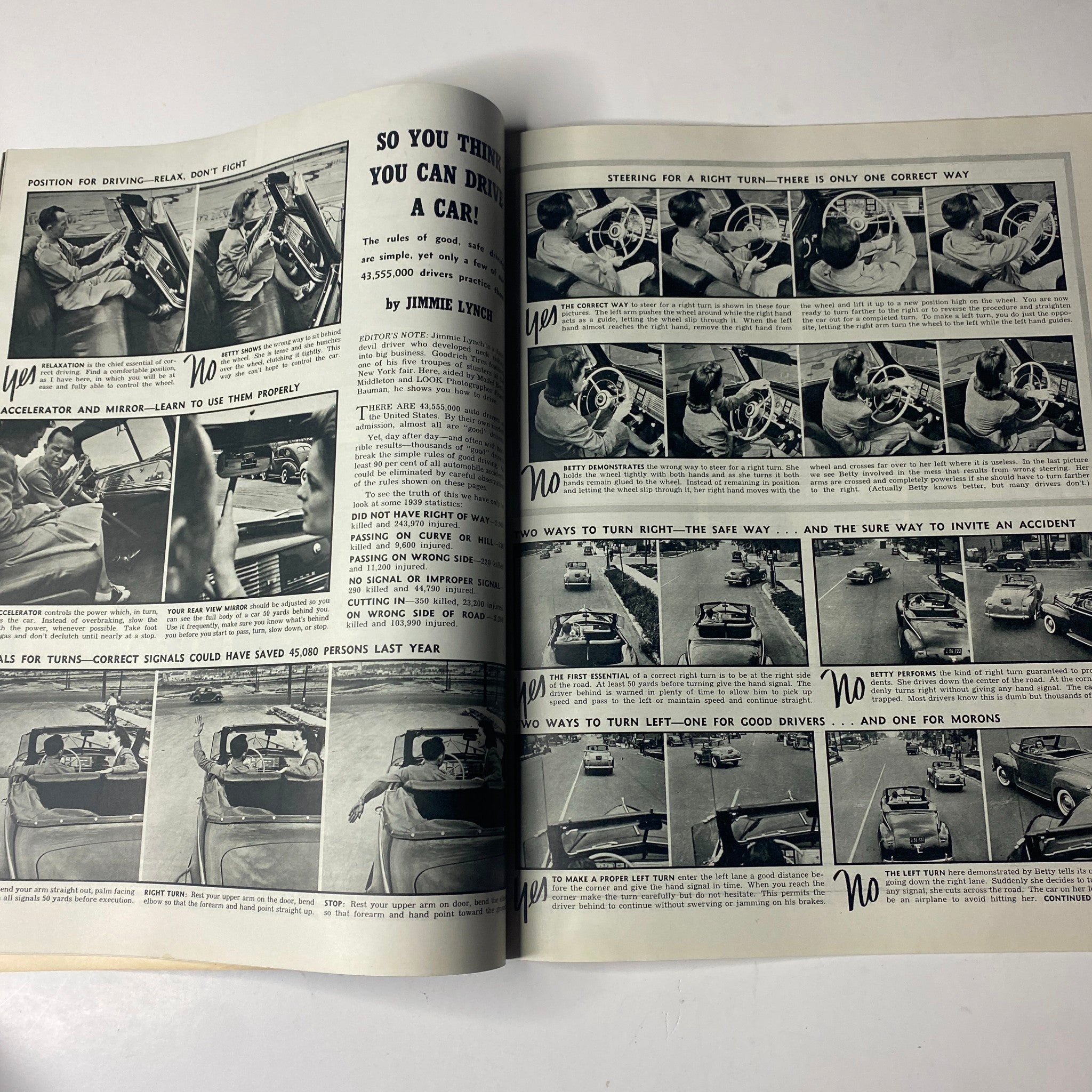 Interior page of Look Magazine, November 19, 1940, featuring an article titled 'So You Think You Can Drive a Car?' by Jimmie Lynch, with instructional images and captions.