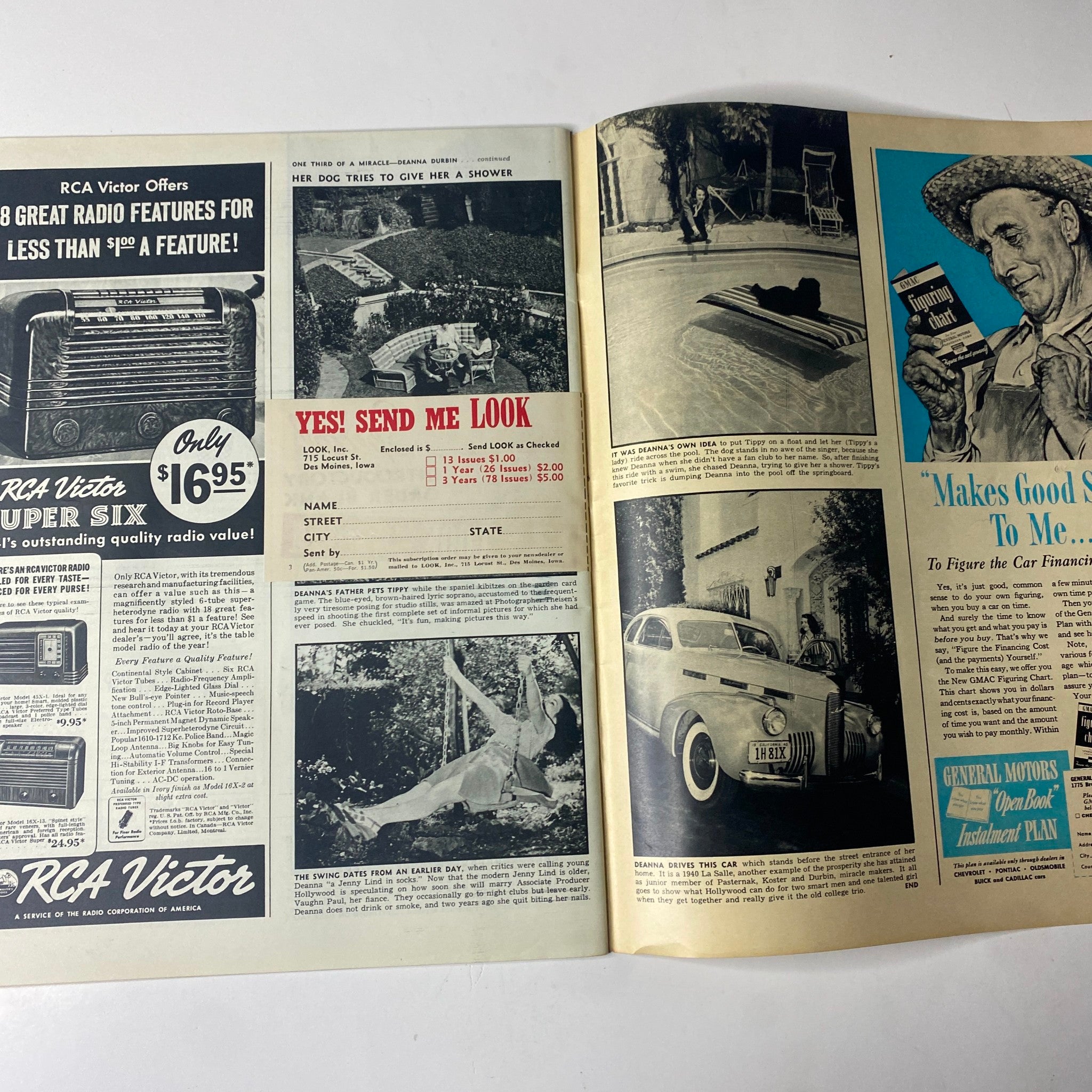 Inside spread of Look Magazine from November 19, 1940 featuring advertisements and articles including RCA Victor offerings, a feature on home leisure, and a vintage car advertisement, originally showcasing actress Deanna Durbin on the cover, in very good condition with no address label.