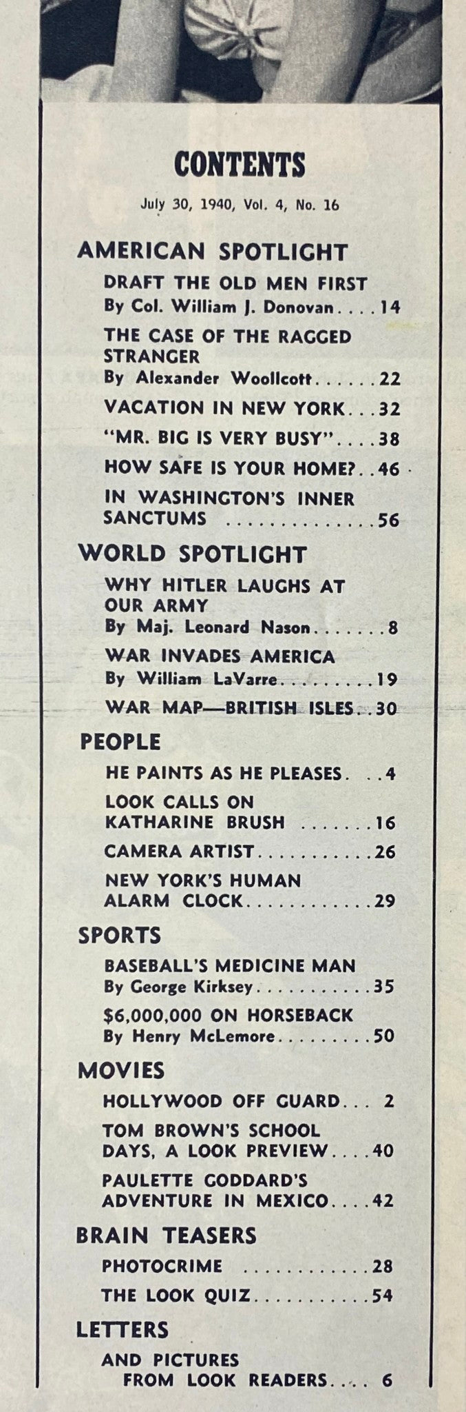 Contents page of Look Magazine from July 30, 1940, Vol. 4, No. 16, detailing featured articles including a Paulette Goddard feature and commentary on military topics.