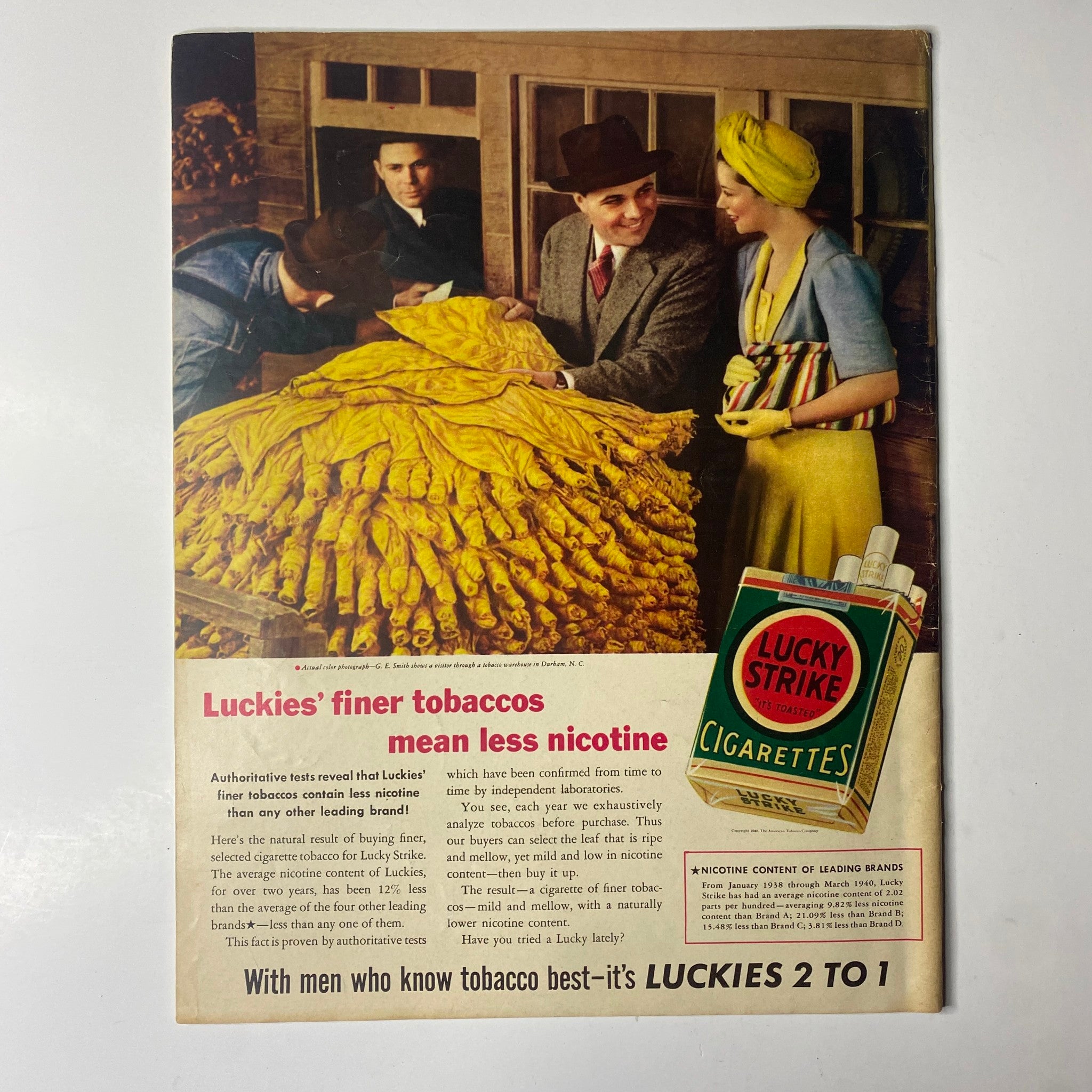 Look Magazine July 30, 1940 featuring a vintage advertisement for Lucky Strike cigarettes with individuals discussing tobacco, promoting lower nicotine levels and showcasing a vibrant yellow backdrop.