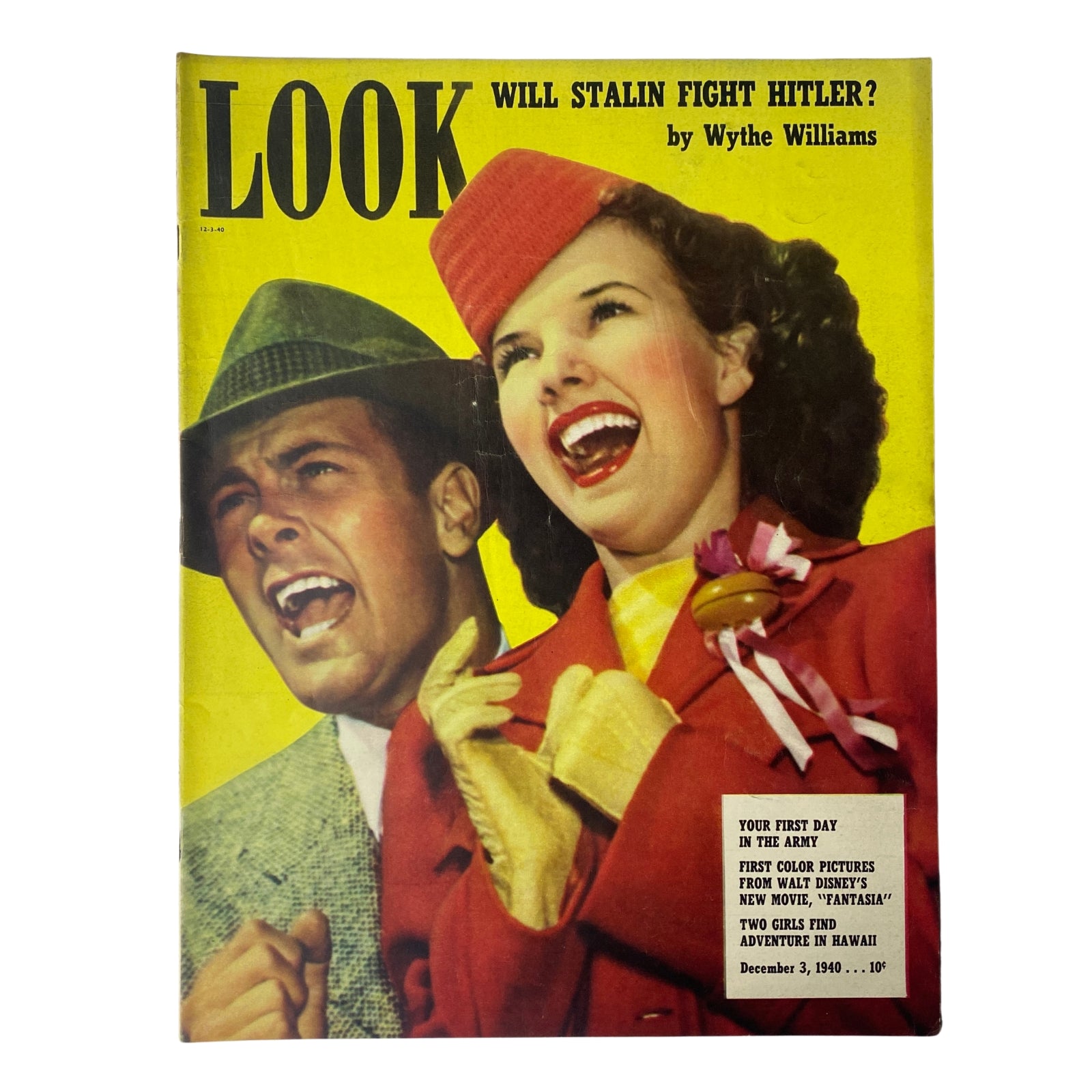Cover of Look Magazine, December 3, 1940 featuring Gale Storm and Charles Lang with the title 'Will Stalin Fight Hitler?' by Wythe Williams. A vibrant depiction showcasing the excitement of the era.
