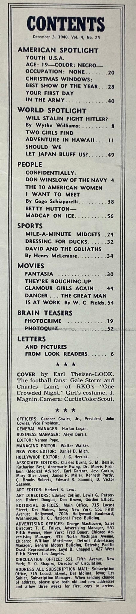 Table of contents from Look Magazine, December 3, 1940, displaying features including 'Your First Day in the Army' and articles related to WWII and culture.
