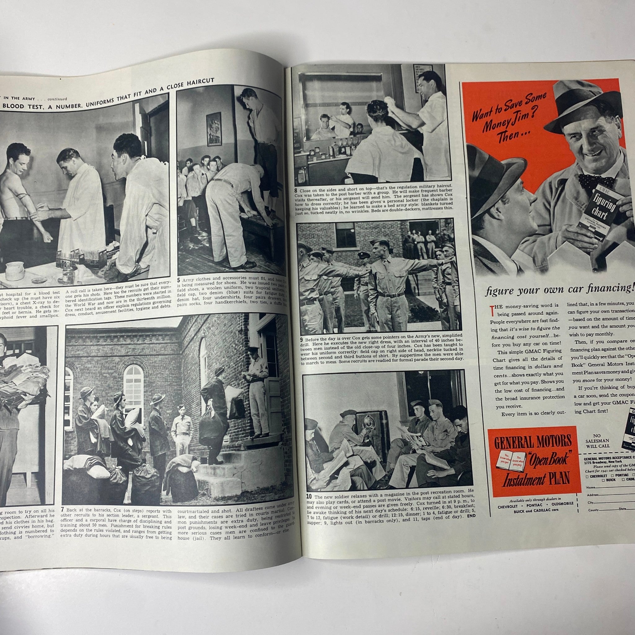 Interior pages of Look Magazine, December 3, 1940, featuring military life and training alongside advertisements related to car financing.