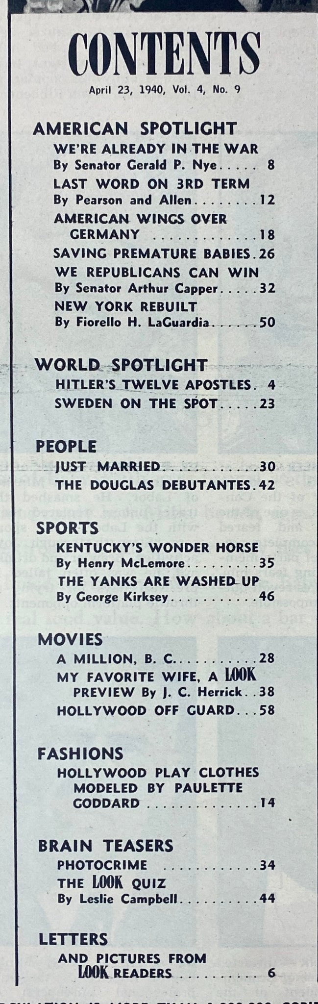 Table of contents from Look Magazine, April 23, 1940, detailing articles including 'We're Already in the War' and 'The Yanks Are Washed Up'.