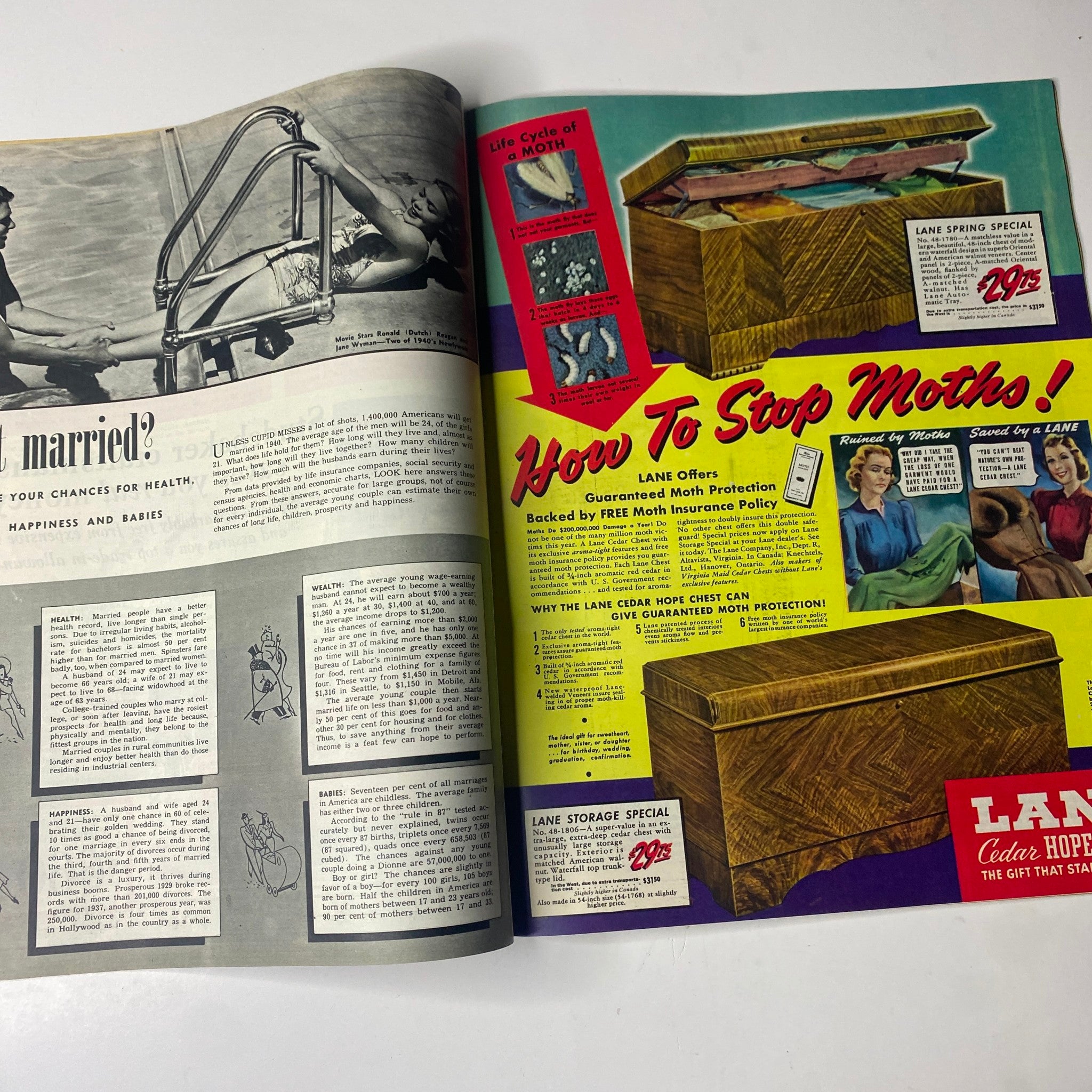 Inside pages from Look Magazine, April 23, 1940, featuring an advertisement for Lane cedar chests with tips on how to stop moths.