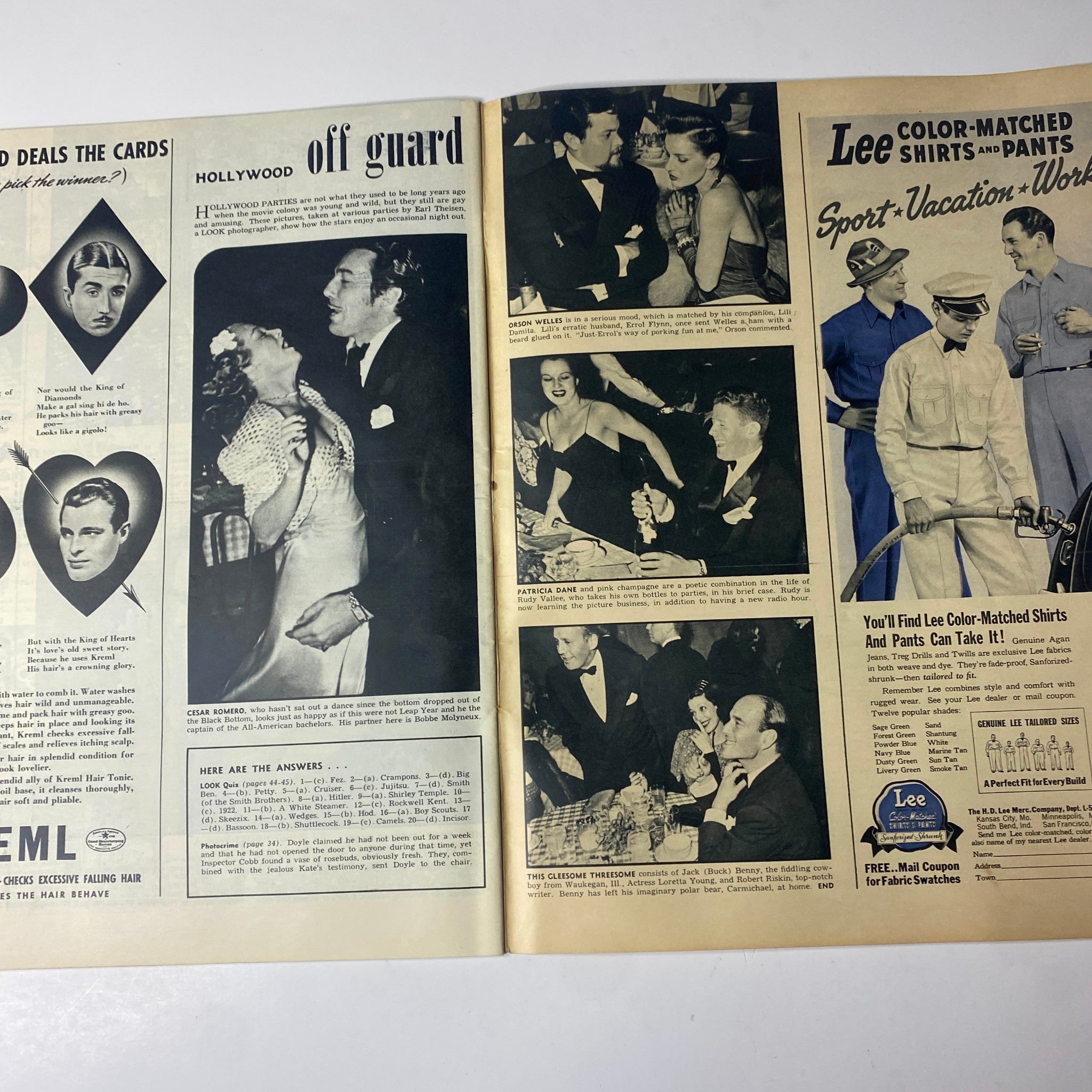 Inside pages from Look Magazine, April 23, 1940, showcasing an advertisement for Lee color-matched shirts and a social scene from Hollywood.
