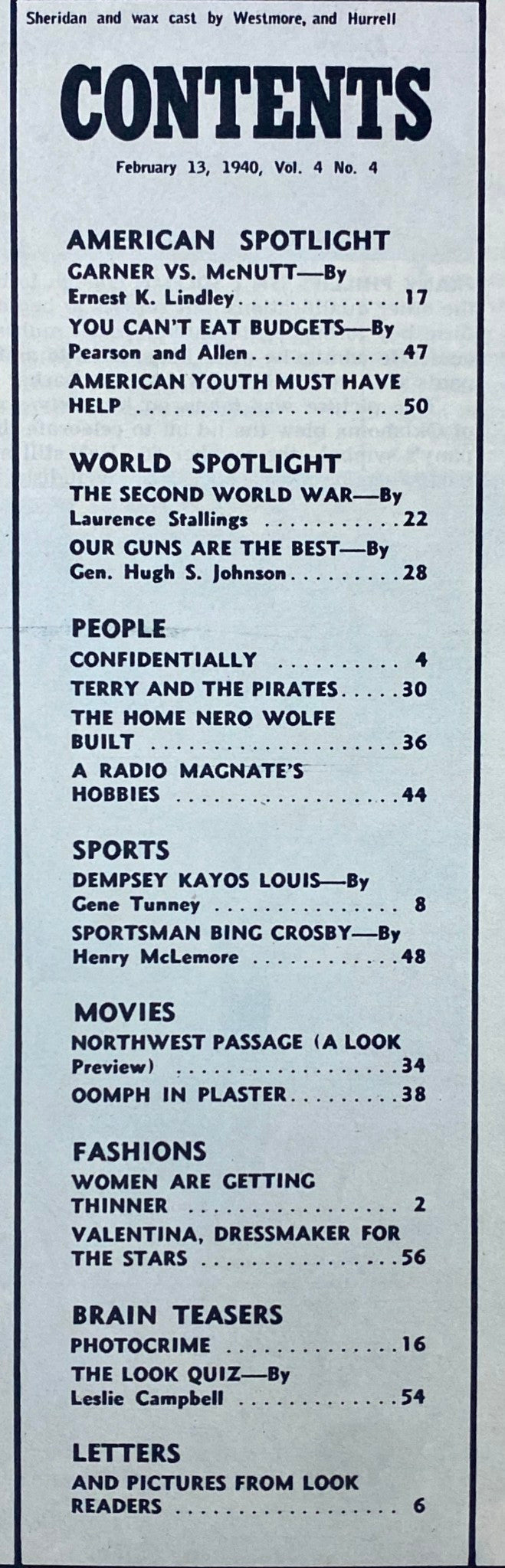 Contents page from Look Magazine dated February 13, 1940, including articles like 'American Spotlight' and 'World Spotlight,' highlighting notable topics of the era.