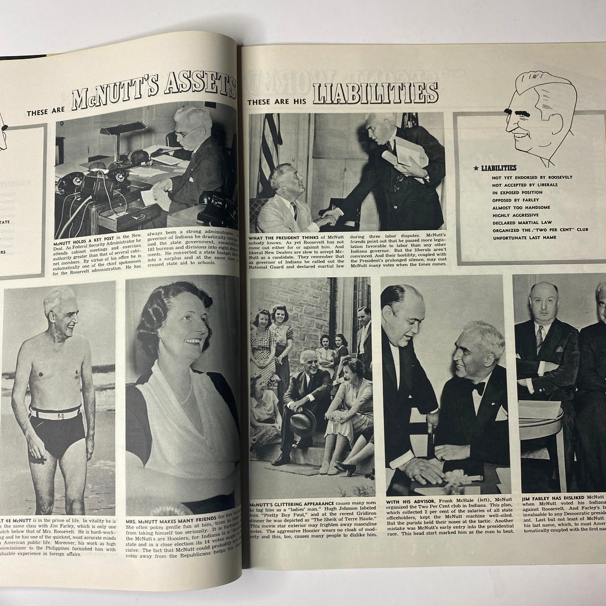 Article spread from Look Magazine February 13, 1940, detailing political commentary with images of politicians and a discussion on McNutt's liabilities.