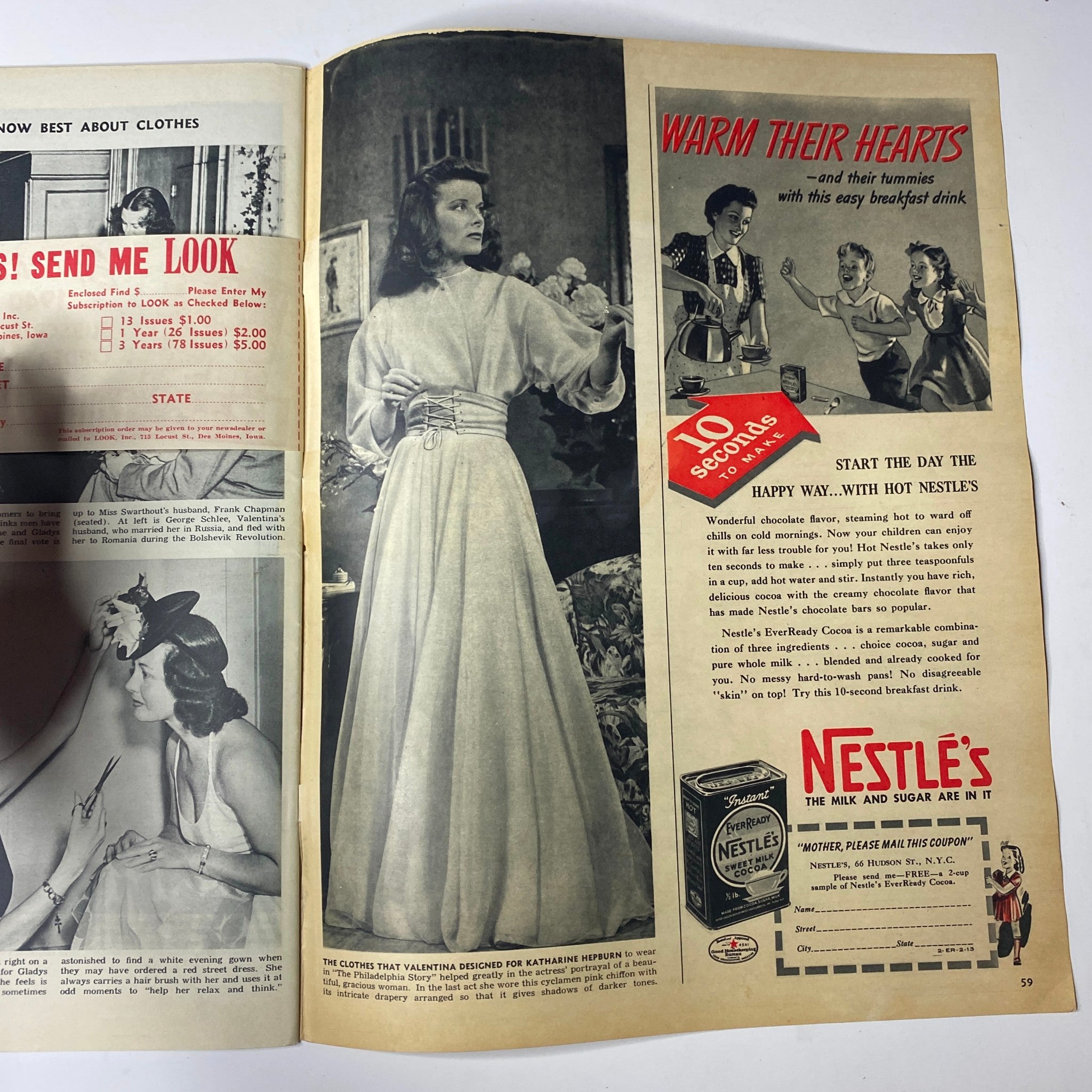 Advertisment page from Look Magazine February 13, 1940 featuring a retro Nestlé advertisement alongside a fashion photo, illustrating the magazine's blend of lifestyle and product promotion.