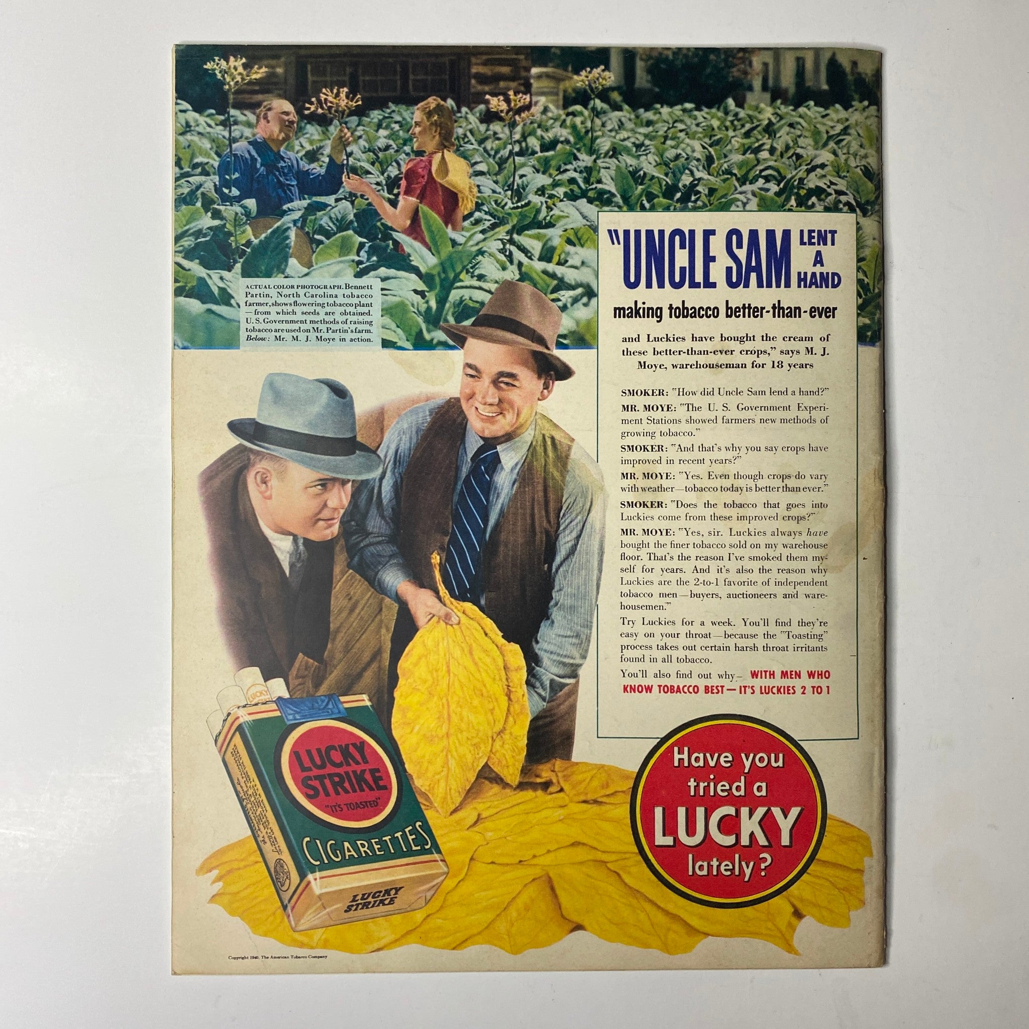 Look Magazine February 13, 1940 cover featuring Ann Sheridan, displaying two men examining tobacco leaves with a Lucky Strike advertisement, in very good condition and no label.