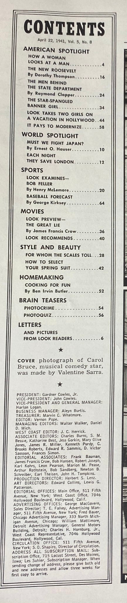 Look Magazine April 22, 1941 Carol Bruce Cover No Label VG