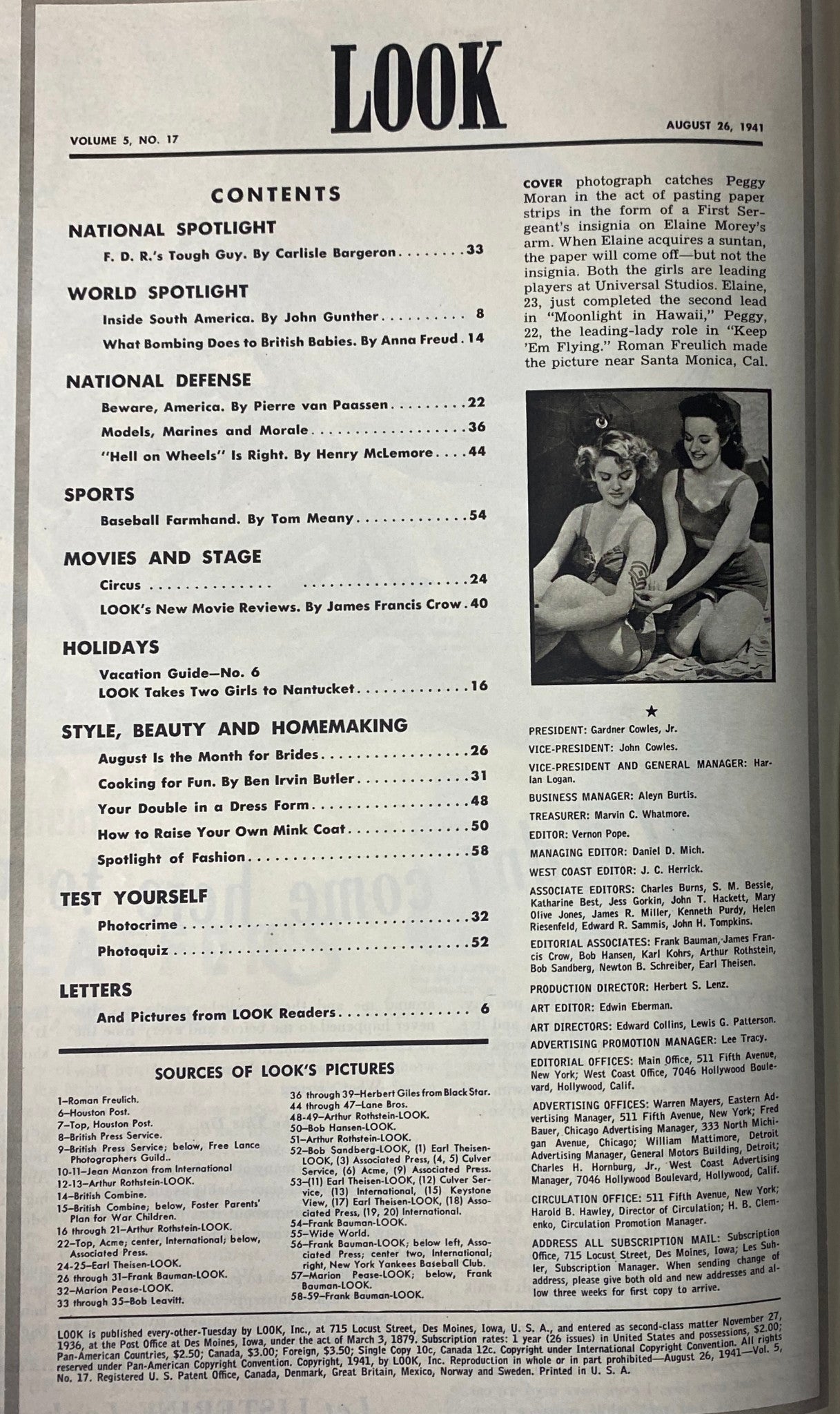 Look Magazine August 26, 1941 Peggy Moran and Elaine Morey No Label VG