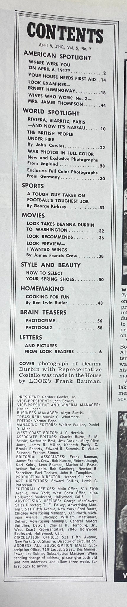 Look Magazine April 8, 1941 Deanna Durbin & Representative Costello No Label VG