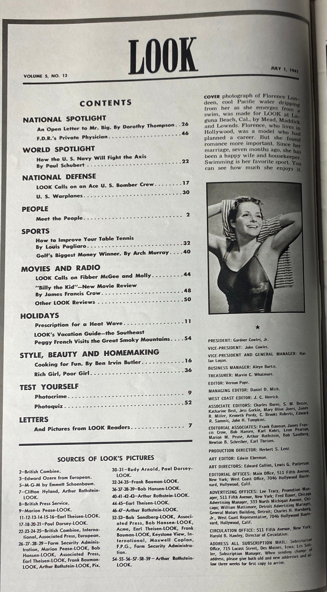 Look Magazine July 1, 1941 Florence Lundeen Cover No Label VG