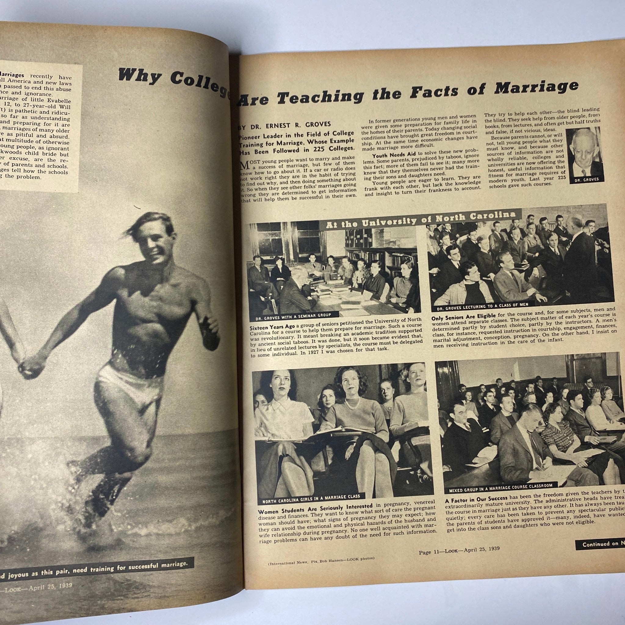 Image from Look Magazine, April 25, 1939 titled 'Why Colleges Are Teaching the Facts of Marriage,' featuring a photo of a young man running on the beach next to an article about marriage education in colleges.