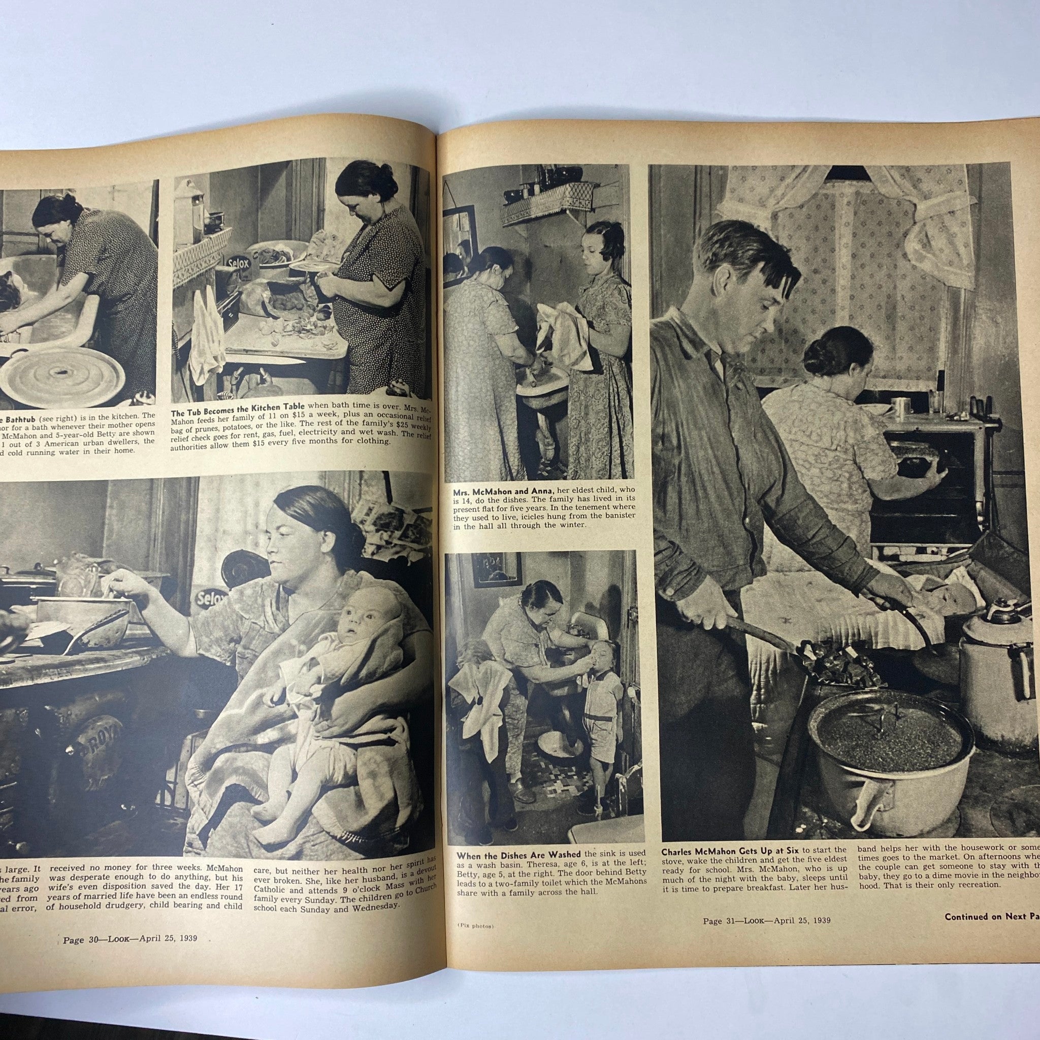 Image from Look Magazine, April 25, 1939 showing various scenes of family life and domestic activities, focusing on the article 'Why Colleges Are Teaching the Facts of Marriage' and gender roles in household tasks.